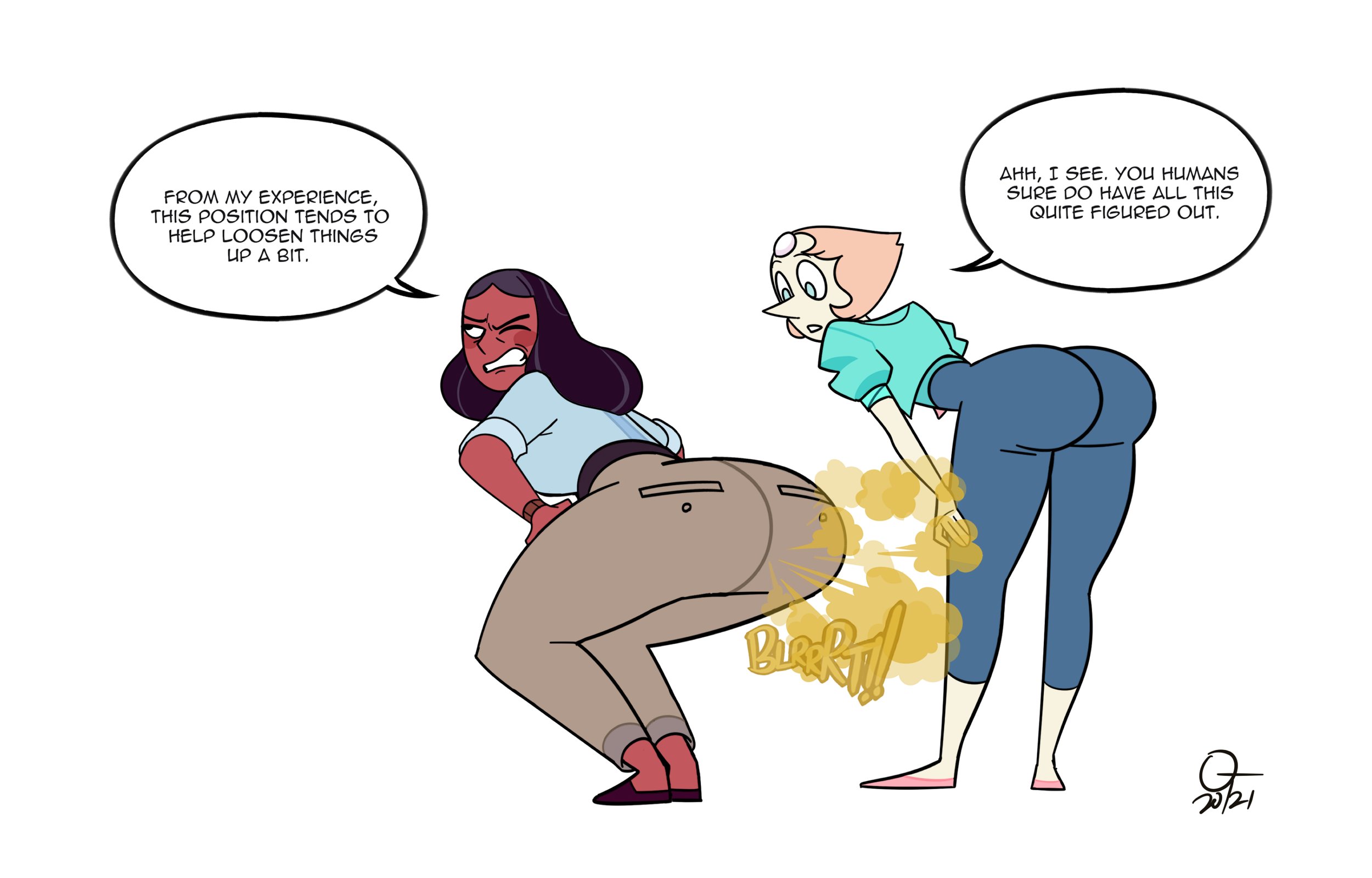 2girls, ass, big ass, brap, cartoon network, dark skin, dark-skinned female, dialogue, english dialogue, english text, fart, fart cloud, fart fetish, farting, female, indian, mature female, milf, oddtenn, one eye closed, pearl (steven universe), priyanka maheswaran, steven universe, tenuousoddity, text