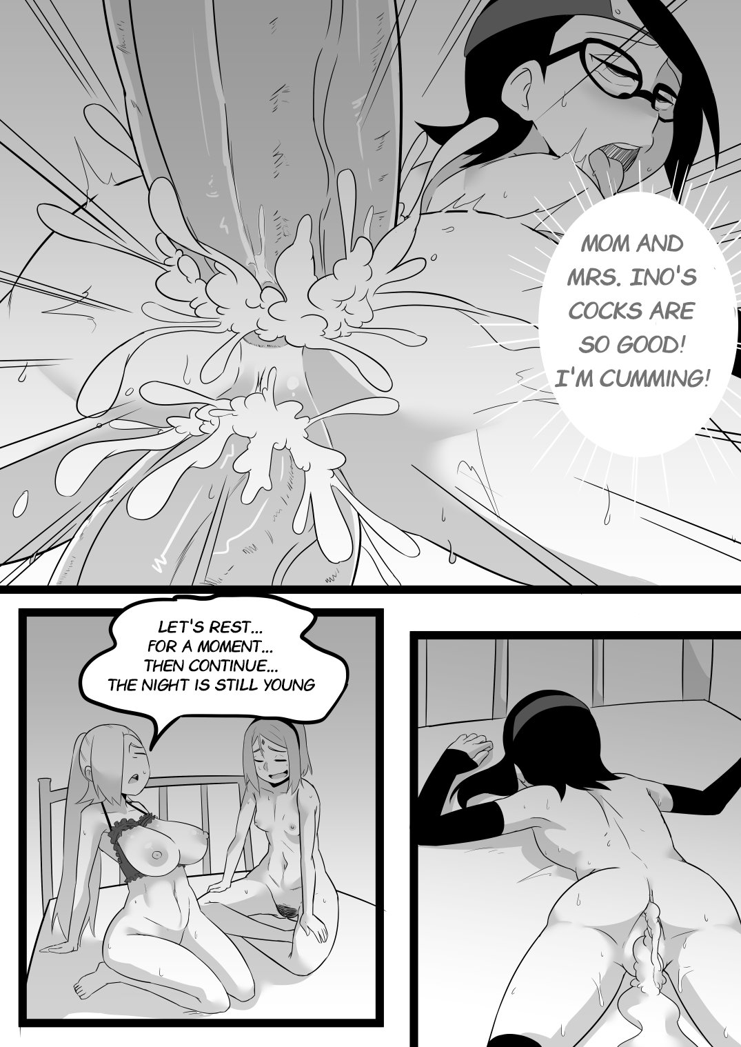 boruto: naruto next generations, comic, dialogue, english text, female, ino yamanaka, monochrome, naruto, naruto (series), sakura haruno, sarada uchiha, story, text, ukaya masaru mx