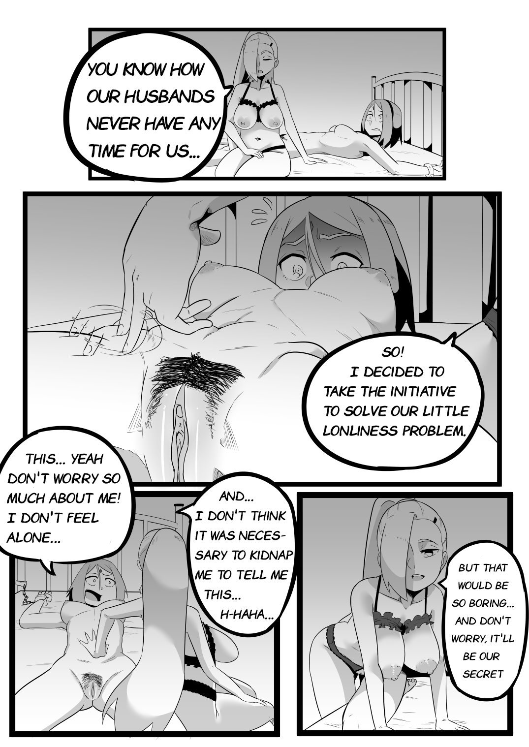 bed, boruto: naruto next generations, breasts, comic, dialogue, english text, female, handcuffed, handcuffed to bed, handcuffs, imminent sex, imminent yuri, ino yamanaka, monochrome, naruto, naruto (series), nude, sakura haruno, story, text, ukaya masaru mx, yuri