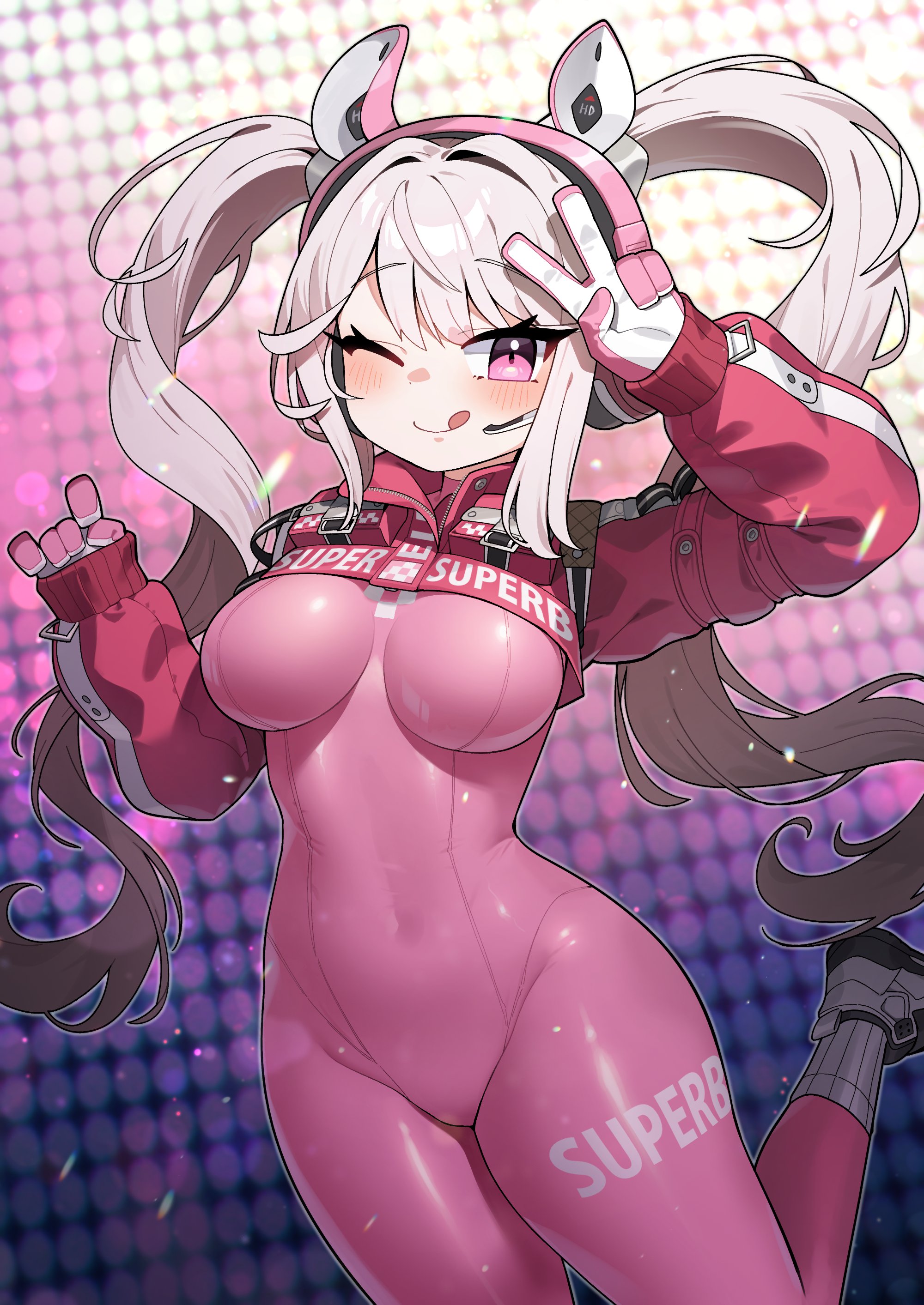 alice (nikke), blush, bodysuit, female, goddess of victory: nikke, headphones, light skin, light-skinned female, pale skin, pale-skinned female, peace sign, pink outfit, solo, solo female, white hair, wink