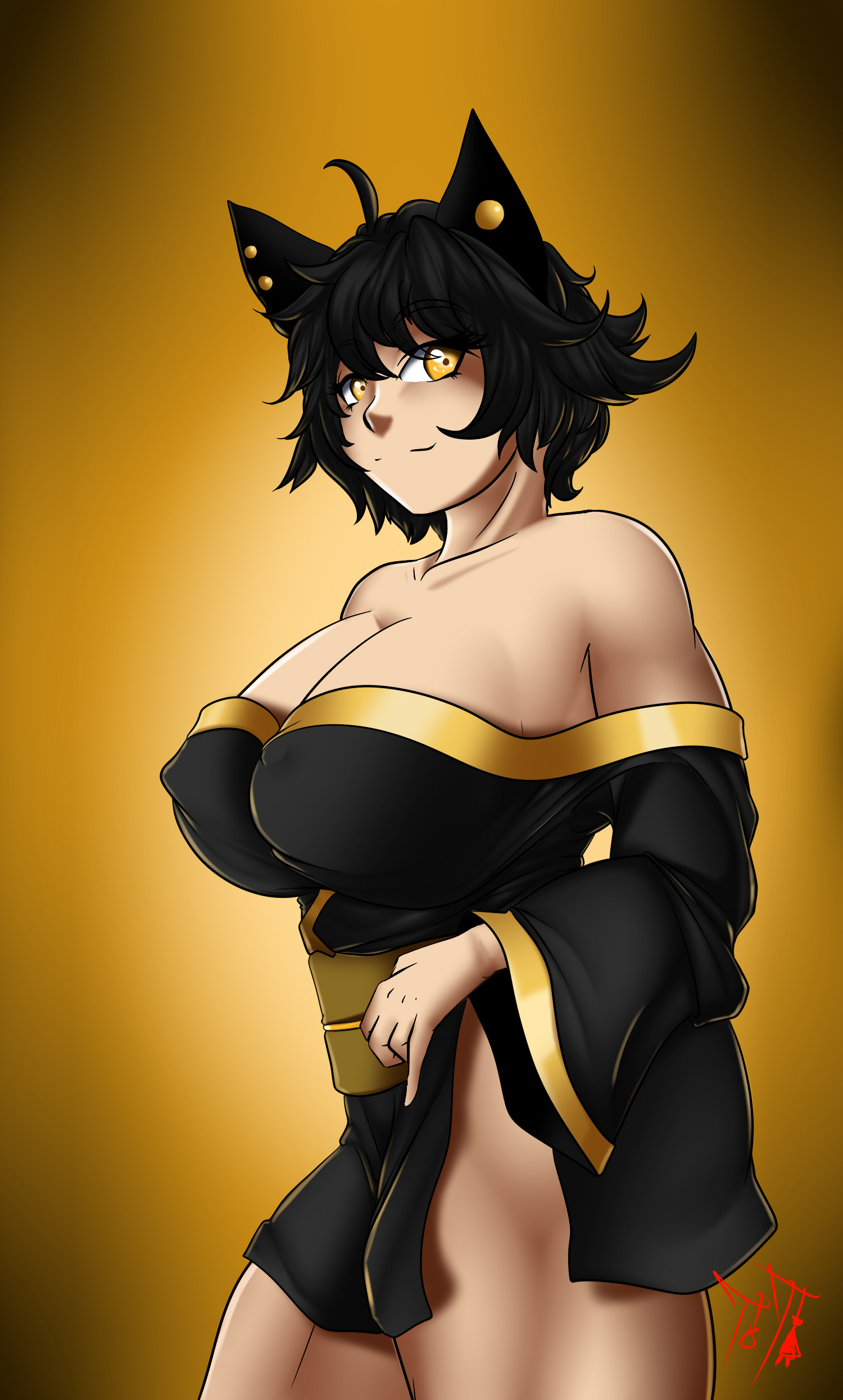 1girls, animal ears, arm support, big breasts, black hair, breast grab, breasts, busty, cat ears, cat girl, female, female only, grabbing, highres, kali belladonna, large breasts, legs, mature, mature female, muscular, navel, nipples, open mouth, pubic hair, pussy, rwby, short hair, suicidetoto, thick thighs, thighs, tongue, tongue out, voluptuous, yellow eyes