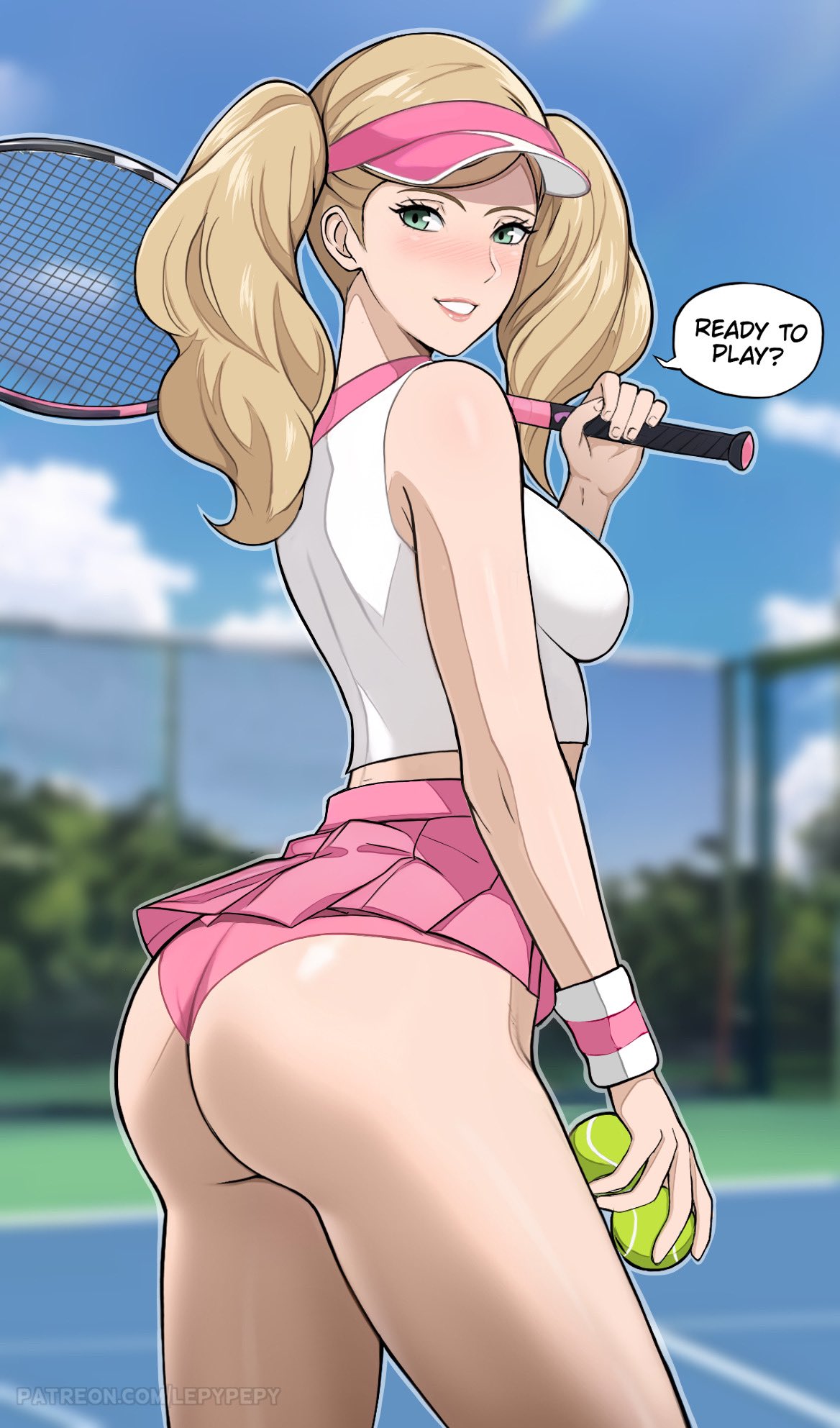 1girls ann_takamaki ass atlus blonde_hair breasts bubble_butt cute dialogue english_text female female_focus green_eyes hat large_ass large_breasts lepypepy light-skinned_female long_hair outdoors panties persona persona_5 short_skirt skirt smile sports_uniform sportswear tennis tennis_ball tennis_court tennis_outfit tennis_racket tennis_uniform text thighs twintails visor