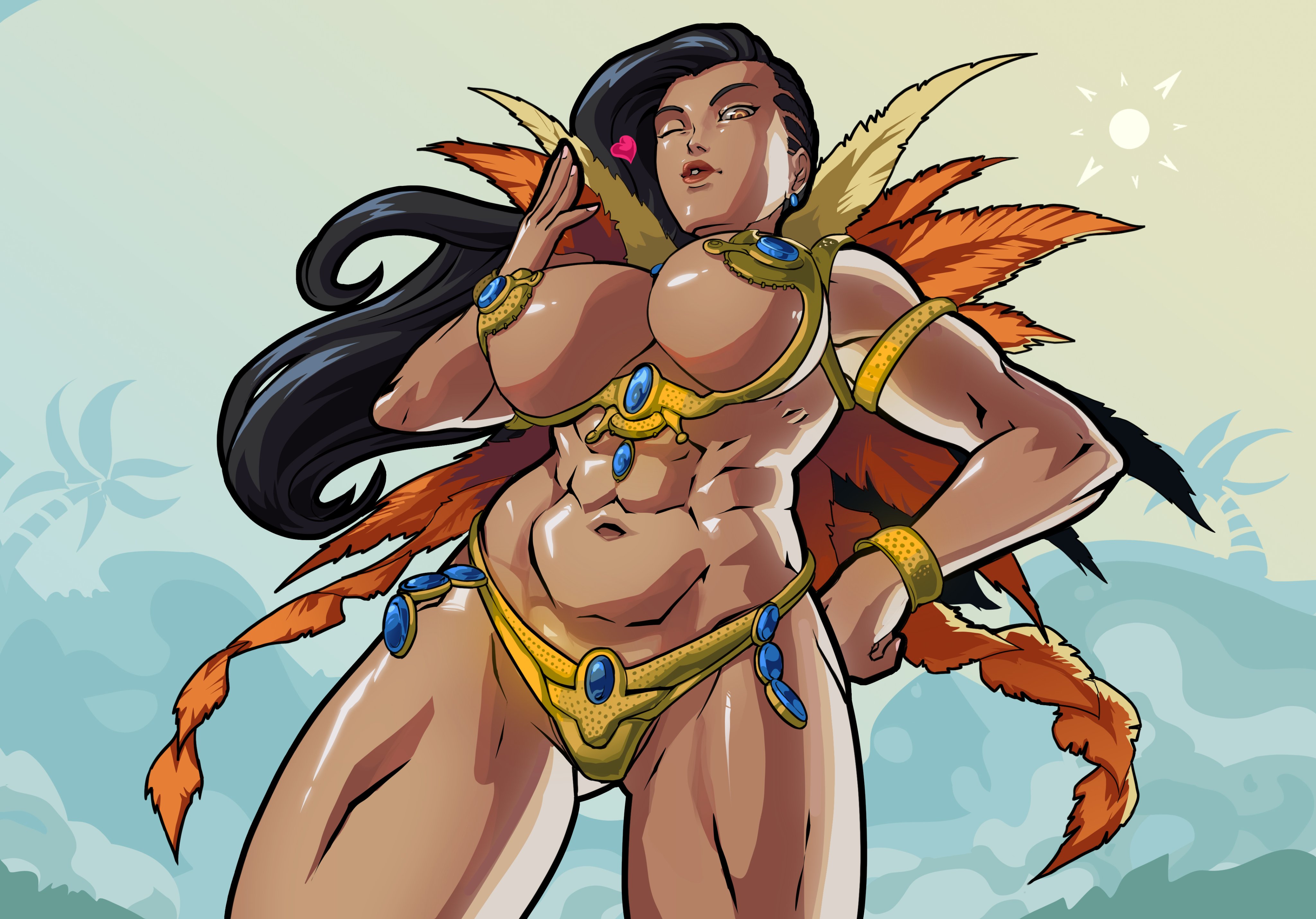 abs, athletic, athletic female, biceps, big breasts, black hair, bra, bracelet, brazilian, brazilian female, breasts, brown eyes, busty, capcom, carnival, cleavage, earrings, equinox006, female, female focus, female only, hourglass figure, latina, laura matsuda, lipstick, long hair, makeup, muscles, muscular, muscular female, navel, pinup, pinup pose, redbone, skimpy, skimpy clothes, standing, street fighter, tagme, thong, wide hips, wink, winking