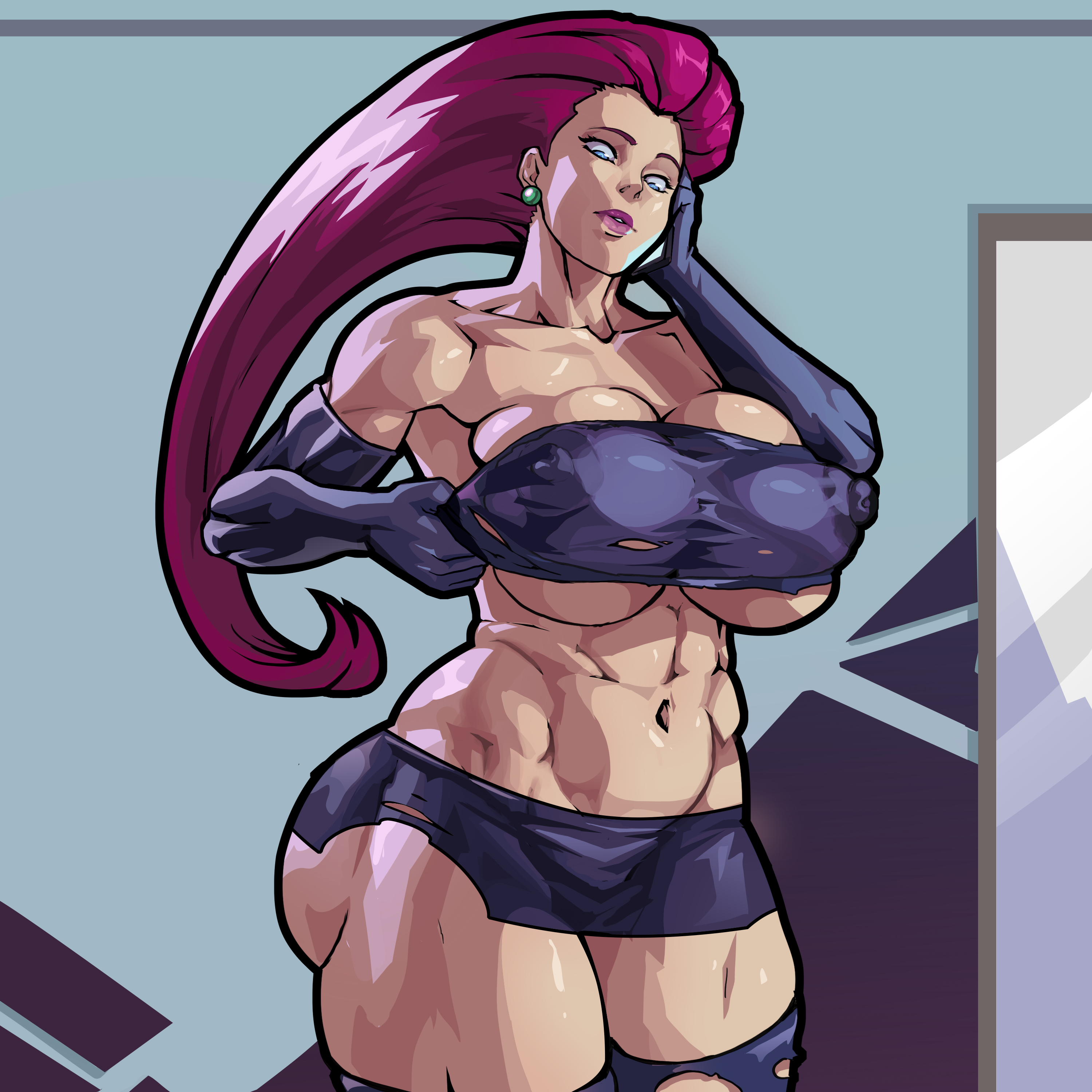 abs, ass, bare midriff, big breasts, blue eyes, breasts, bubble ass, bubble butt, busty, elbow gloves, equinox006, erect nipples, female, female focus, female only, hourglass figure, jessie (pokemon), long hair, microskirt, miniskirt, muscles, muscular, muscular female, navel, nintendo, nipples, pinup, pinup pose, pokemon, puffy nipples, ripped clothes, ripped clothing, skimpy, skimpy clothes, skirt, standing, tagme, thighhighs, torn clothes, torn clothing, tubetop, wardrobe malfunction, wide hips