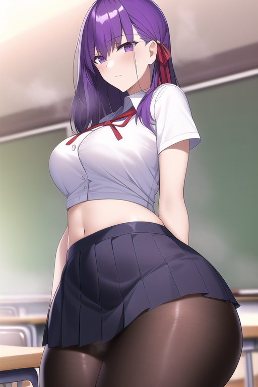 1girls ai_generated breasts classroom fate/stay_night fate_(series) female hips huge_breasts indoors large_breasts long_hair matou_sakura nai_diffusion panties pantyhose purple_eyes purple_hair school_uniform schoolgirl slim_waist stable_diffusion thick_thighs thighs tights wide_hips