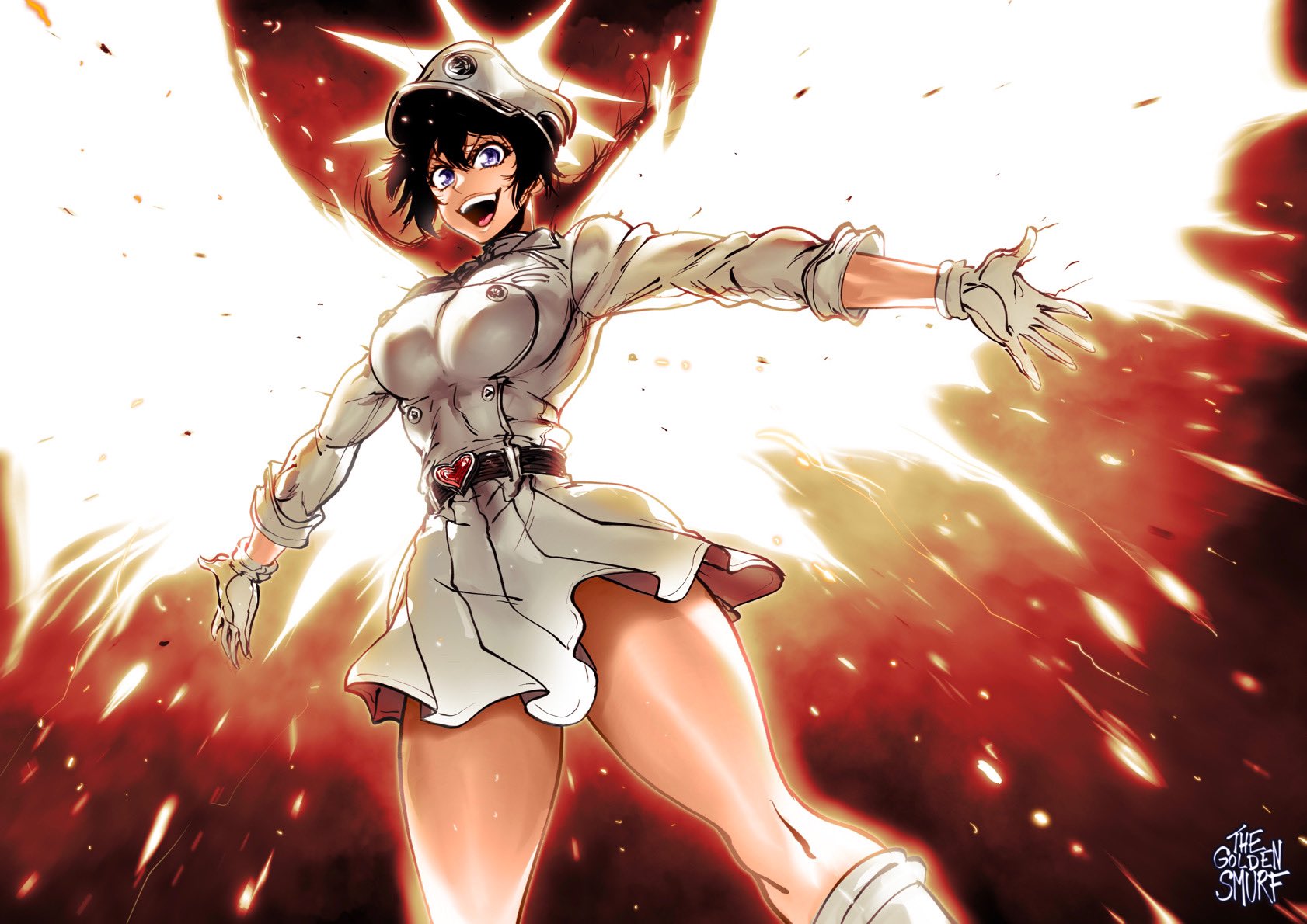 1girls, bambietta basterbine, black hair, bleach, bleach: the thousand-year blood war, blue eyes, female, female only, fully clothed, hi res, looking at viewer, open arms, open mouth, smiling, smiling at viewer, solo, thegoldensmurf, thick thighs, viewed from below