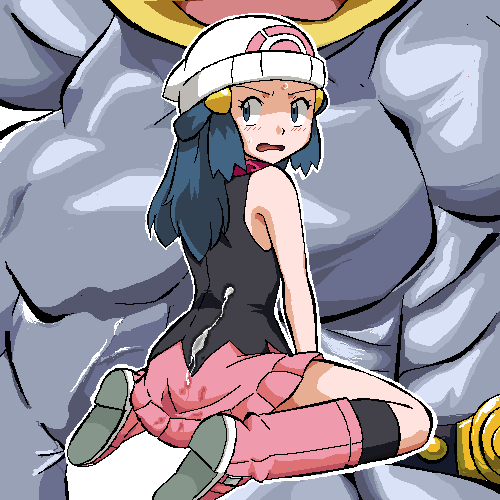 1boy bare_shoulders beanie black_shirt black_socks blue_eyes blue_hair blush boots commentary_request cum cum_on_back cum_on_clothes dawn_(pokemon) female from_behind full_body gomatarou grey_background hair_ornament hairclip hat human_on_pokemon jaggy_lines knee_boots kneehighs long_hair looking_back lowres machamp miniskirt muscular muscular_male open_mouth outline pink_footwear pink_skirt poke_ball_symbol pokemon pokemon_(game) pokemon_(species) pokemon_dppt shirt sidelocks sitting skirt sleeveless sleeveless_shirt socks solo_focus sweat v-shaped_eyebrows wariza white_headwear white_outline