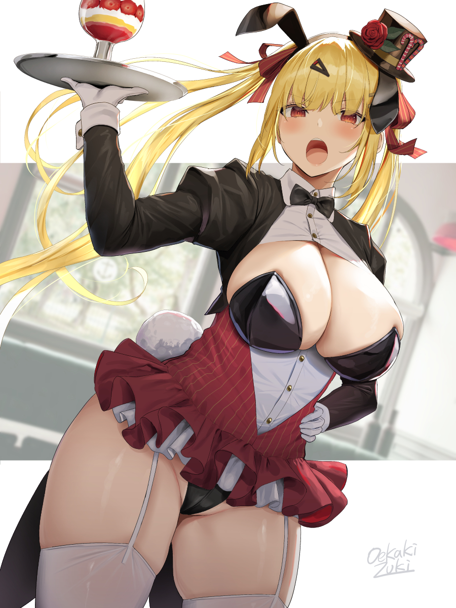 1girls, artist signature, black leotard, blonde hair, blush, breasts, bunny ears, bunny girl, bunny tail, bunnysuit, cleavage, female, garter belt, garter straps, gloves, hand on hip, highleg leotard, holding object, huge breasts, leotard, light skin, light-skinned female, oc, oekakizuki, original, original character, panties, red eyes, serving tray, short skirt, skindentation, skirt, thighhighs, twintails
