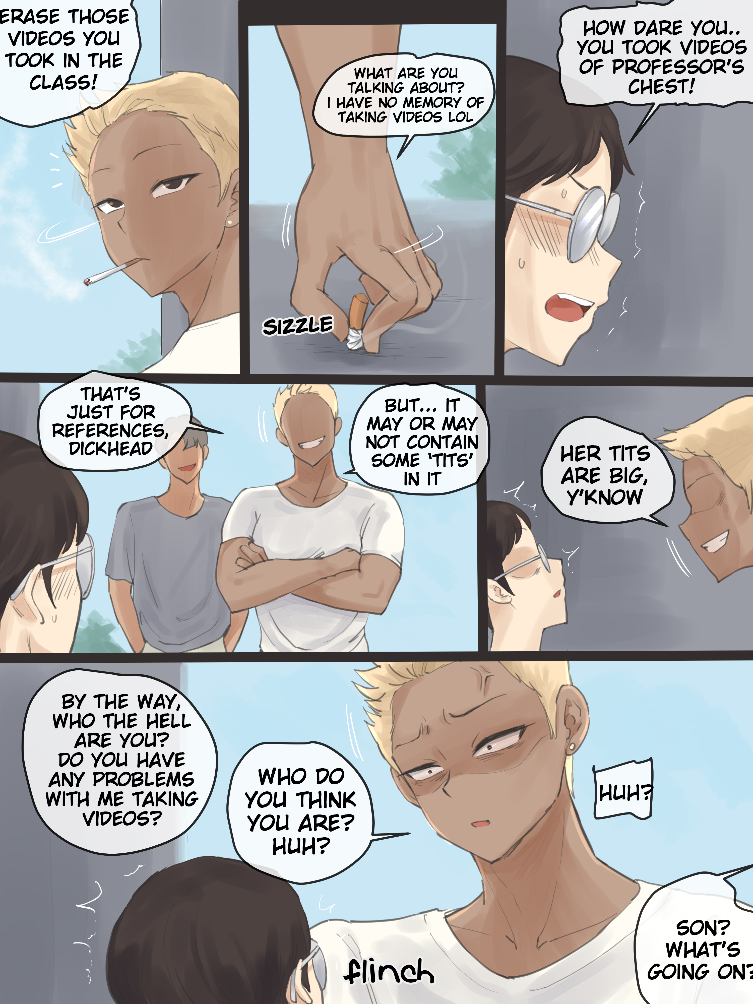 2boys, bully, english text, glasses, hard translated, highres, laliberte, male, original, original character, smoking, translated