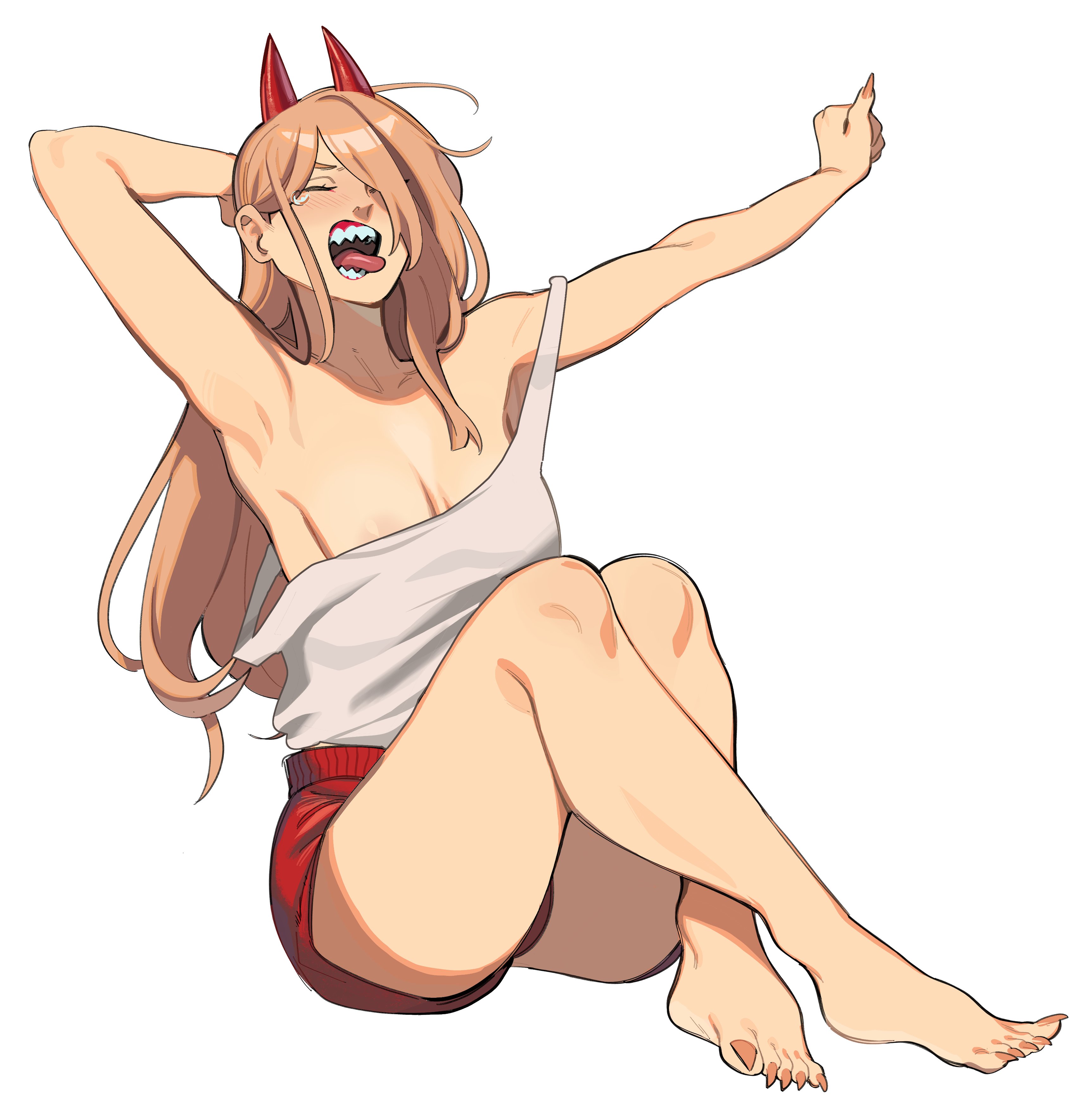 1girls, armpit crease, armpit fetish, armpit peek, armpit pose, armpit sex invitation, armpits, arms up, blonde hair, blush, calves, chainsaw man, closed eyes, female, female only, full body, hair over one eye, horns, knees, long hair, open mouth, perfect legs, porqueloin, power (chainsaw man), presenting armpit, presenting armpits, red toenails, sharp teeth, sharp toenails, sitting, solo, strawberry blonde hair, stretching, thighs together, tongue, tongue out, very high resolution, white background, yawning