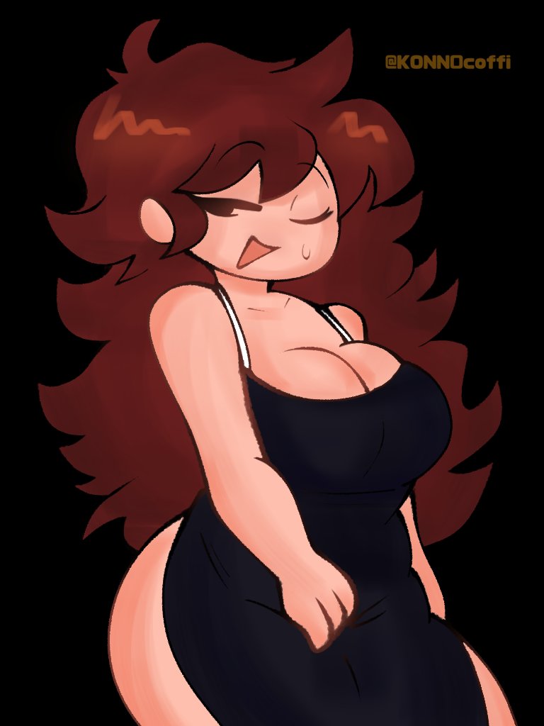 black dress, breasts, brown hair, dress, female, friday night funkin, girlfriend (friday night funkin), konn0coffi, solo, solo female, tagme, thighs, xime (artist)