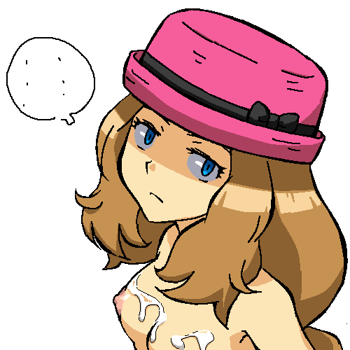 ... black_ribbon blue_eyes breasts brown_hair closed_mouth commentary_request completely_nude cum cum_on_body cum_on_breasts expressionless female gomatarou hat hat_ribbon jaggy_lines long_hair looking_at_viewer lowres nipples nude pink_headwear pokemon pokemon_(game) pokemon_xy porkpie_hat ribbon serena_(pokemon) shaded_face shiny shiny_hair sidelocks simple_background small_breasts solo speech_bubble spoken_ellipsis upper_body white_background