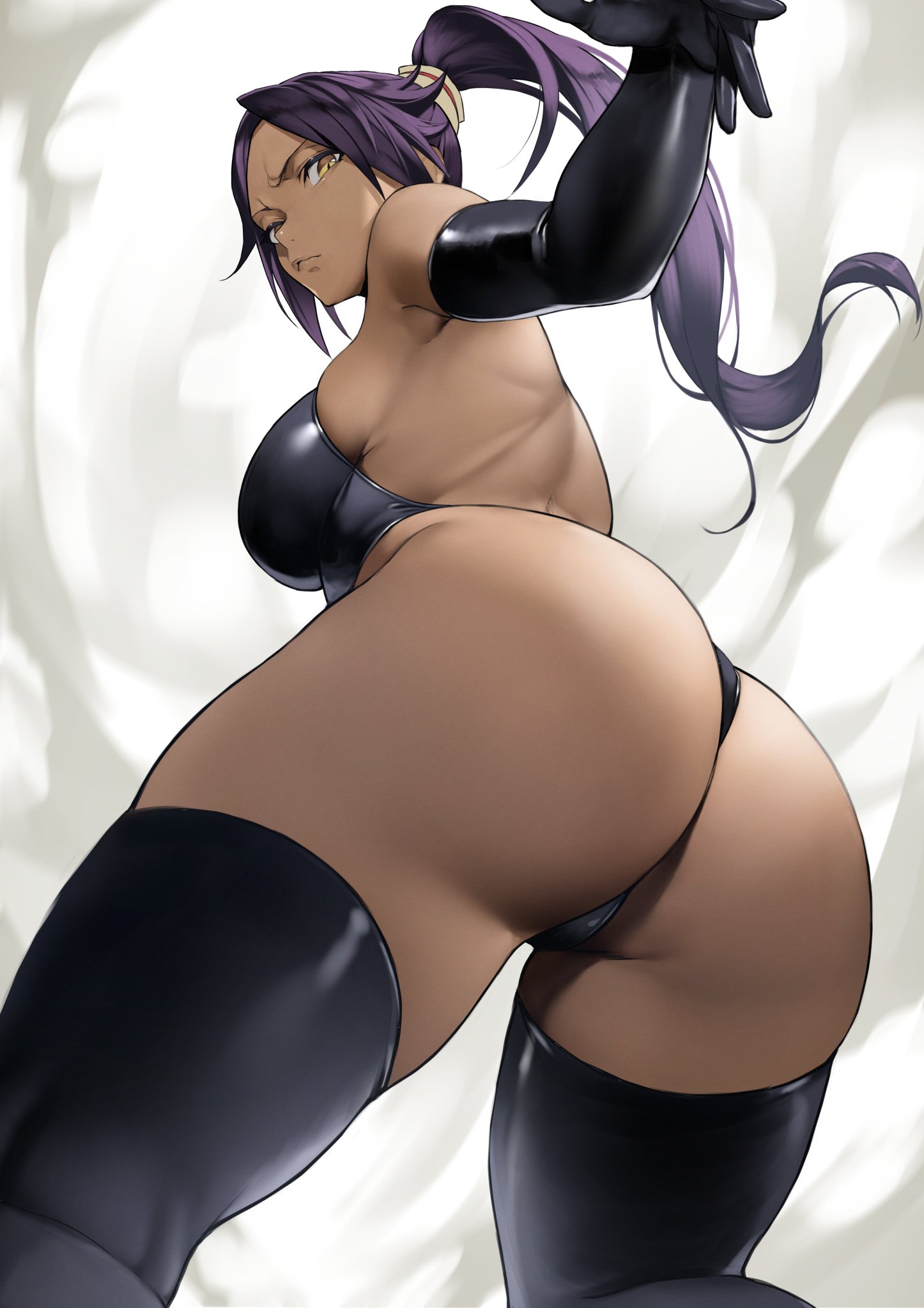 1girls, armpits, ass, ass focus, black gloves, black leotard, bleach, breasts, closed mouth, dark skin, dark-skinned female, female, female only, from behind, from below, frown, gloves, highres, huge ass, large ass, large breasts, leotard, long hair, looking at viewer, looking back, ponytail, purple hair, shihouin yoruichi, solo, thighhighs, thighs, yellow eyes, yoshi55level