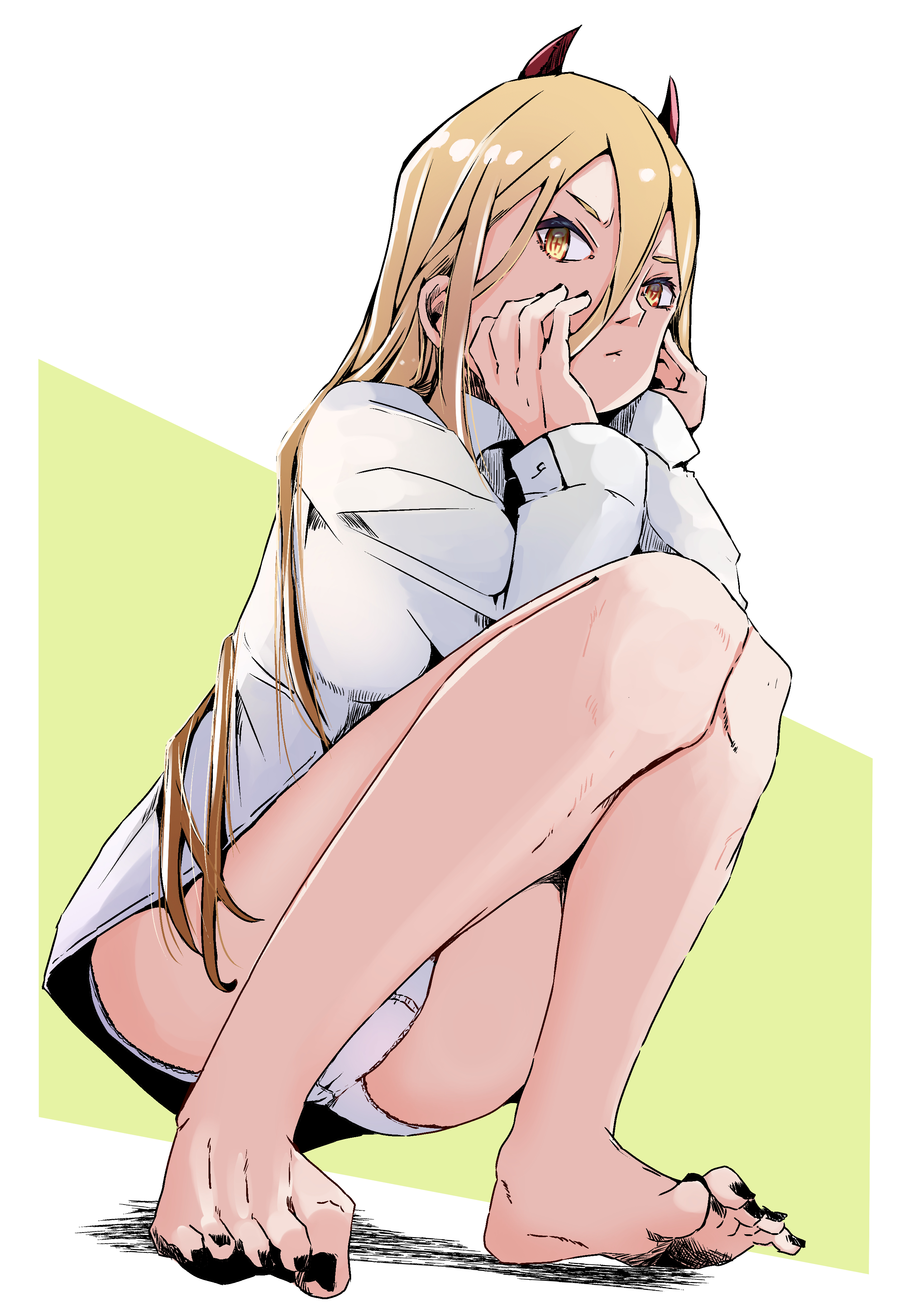 1girls, barefoot, blonde hair, chainsaw man, demon horns, feet, female, female only, light skin, light-skinned female, low-angle view, memeno fam, panties, pout, power (chainsaw man), shounen jump, squatting, upskirt