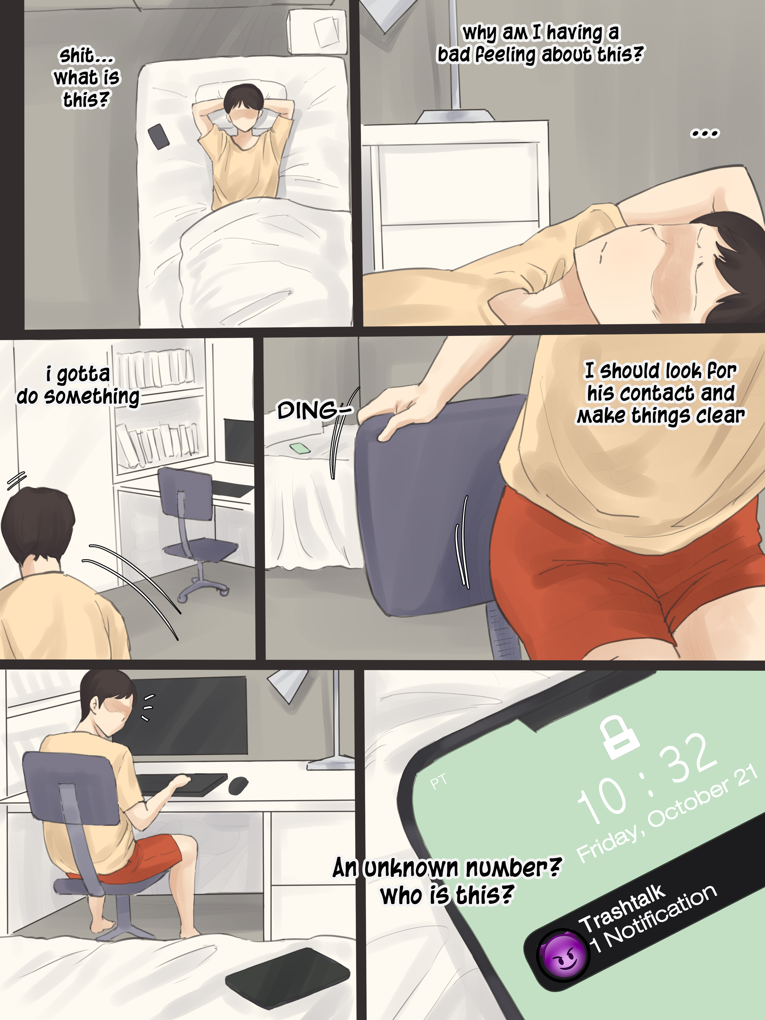 1boy, computer, english text, hard translated, highres, laliberte, male, original, original character, phone, text message, translated