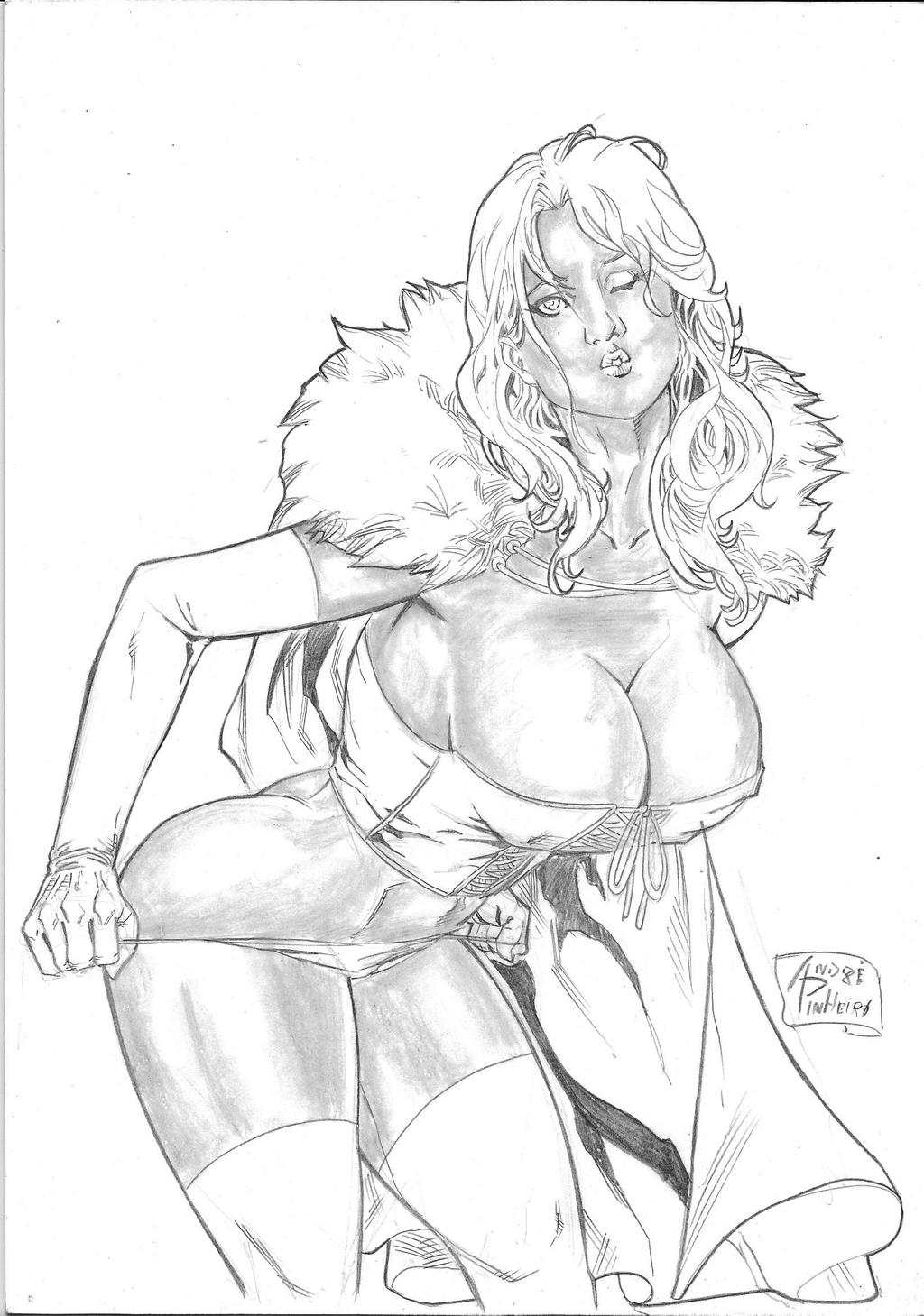 andre_pinheiro black_and_white blowing_kiss cleavage corset emma_frost female female_only hellfire_club huge_breasts lingerie marvel marvel_comics panties panties_down pulling_panties_down white_queen x-men