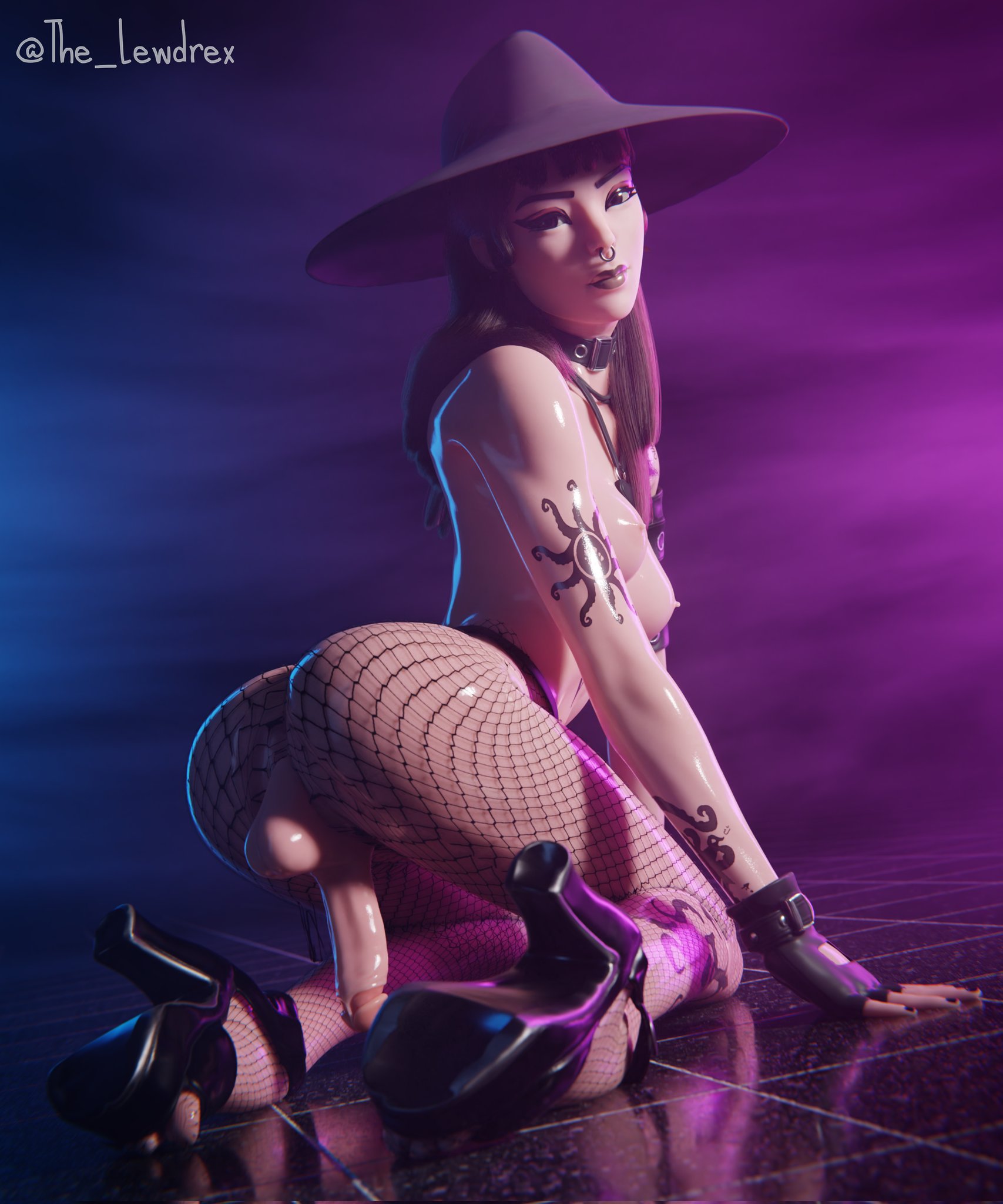 1futa, 3d, all fours, areolae, ass, balls, black hair, blender, bottomless, breasts, clothed, clothing, collar, erection, female, female focus, fishnet, fishnet stockings, fishnets, fortnite, futa only, futanari, goth, goth girl, half naked, half-dressed, intersex, light skin, light-skinned female, makeup, medium breasts, nipples, nose piercing, nude, nude female, oil, oiled, oiled skin, on floor, penis, phaedra (fortnite), pose, posing, presenting, shoes, simple background, solo, tattoo, tattoos, topless