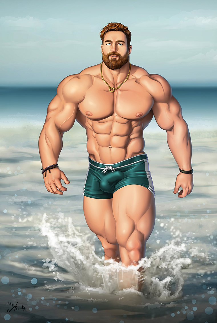 asmodis_(artist) beach bodybuilder bulge eric_janicki fitness_influencer fitness_model male male_only muscles muscular muscular_male ocean outdoors outside penis_outline real_person swimsuit