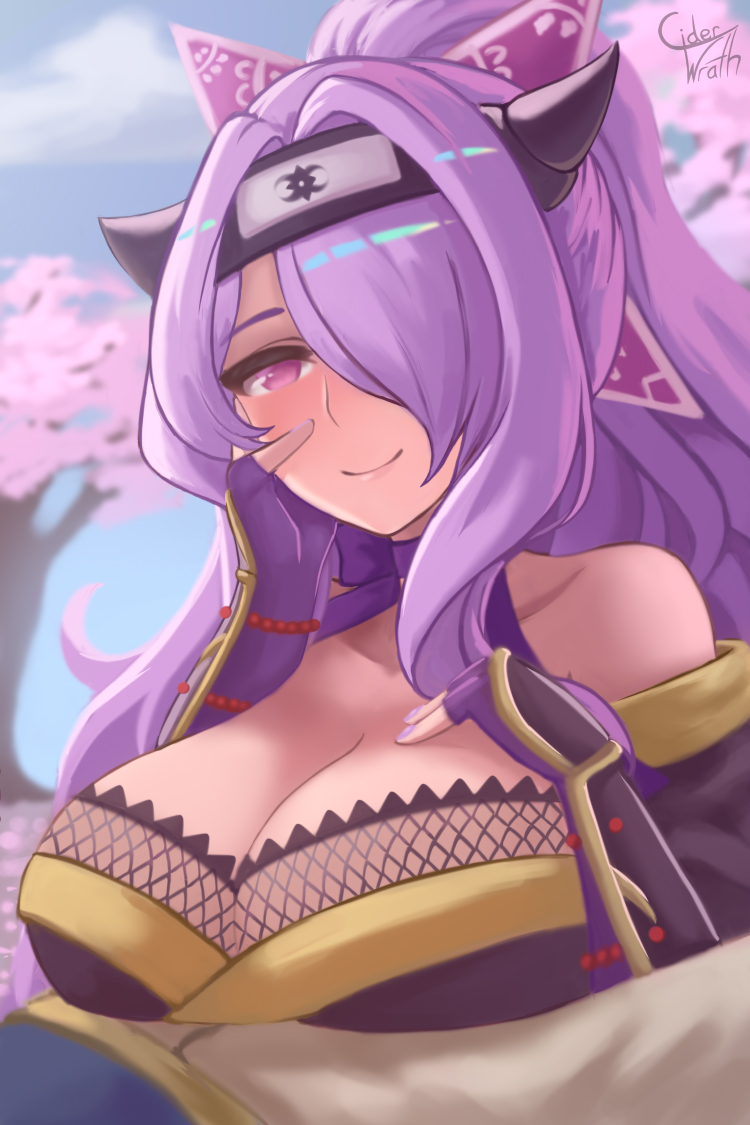 1boy 1girls alternate_hairstyle bare_shoulders breast_rest breasts camilla_(fire_emblem) camilla_(ninja)_(fire_emblem) cherry_blossoms ciderwrath cleavage collarbone female_focus fingerless_gloves fire_emblem fire_emblem_fates fire_emblem_heroes fishnets gloves hair_over_one_eye hand_on_own_chest hand_on_own_face horns imminent_paizuri kiran_(fire_emblem) kiran_(fire_emblem)_(male) large_breasts light-skinned_female light_skin long_hair male nail_polish ninja nintendo official_alternate_costume official_alternate_hairstyle outdoors paizuri pink_eyes ponytail purple_hair purple_nails shoulders smile solo_focus tree