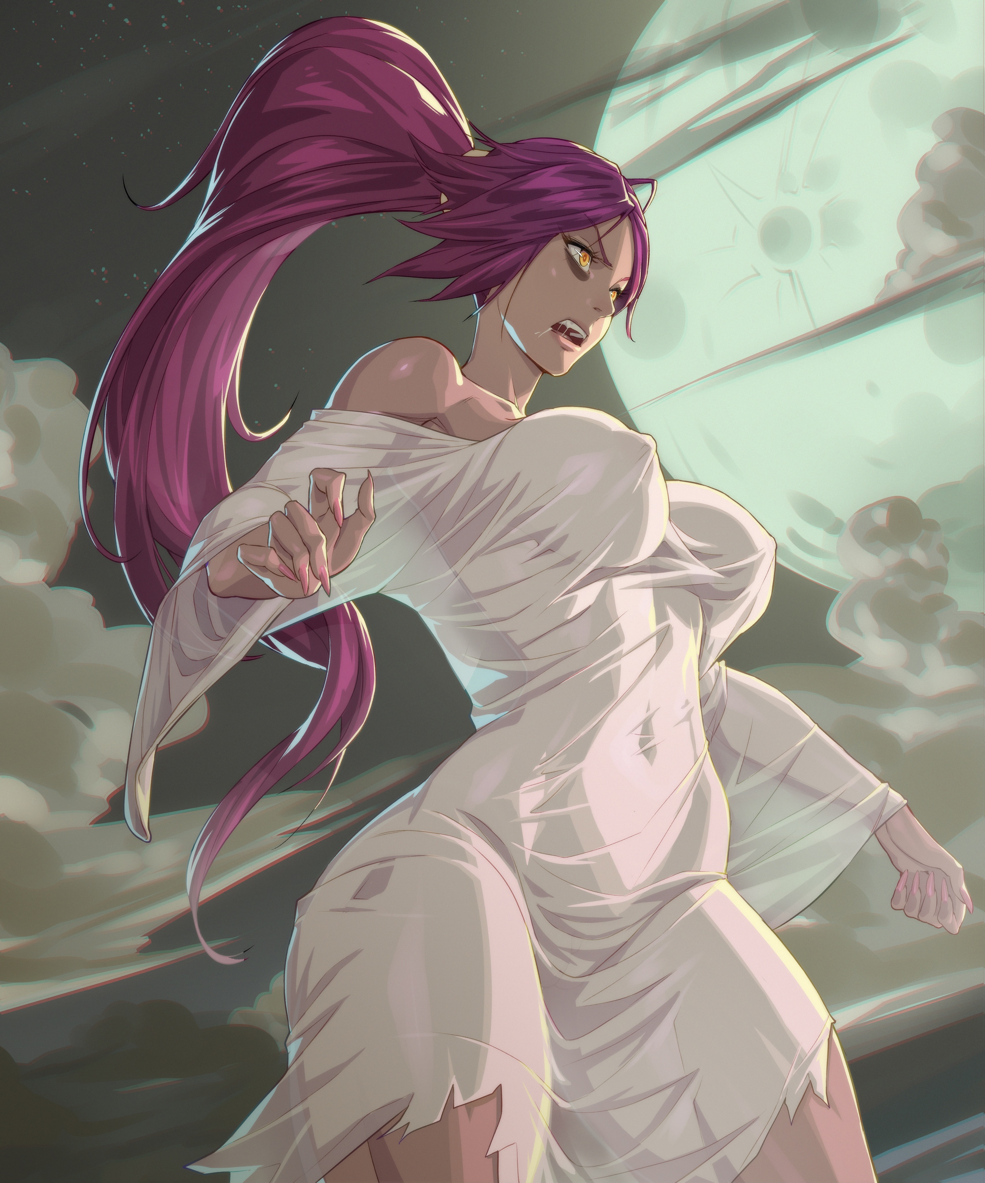 1girls, alternate version available, arttoru, bleach, breasts, covered nipples, dark skin, dark-skinned female, dress, female, female only, halloween, halloween costume, hourglass figure, huge breasts, outdoors, ponytail, shihouin yoruichi, solo, standing, thick thighs