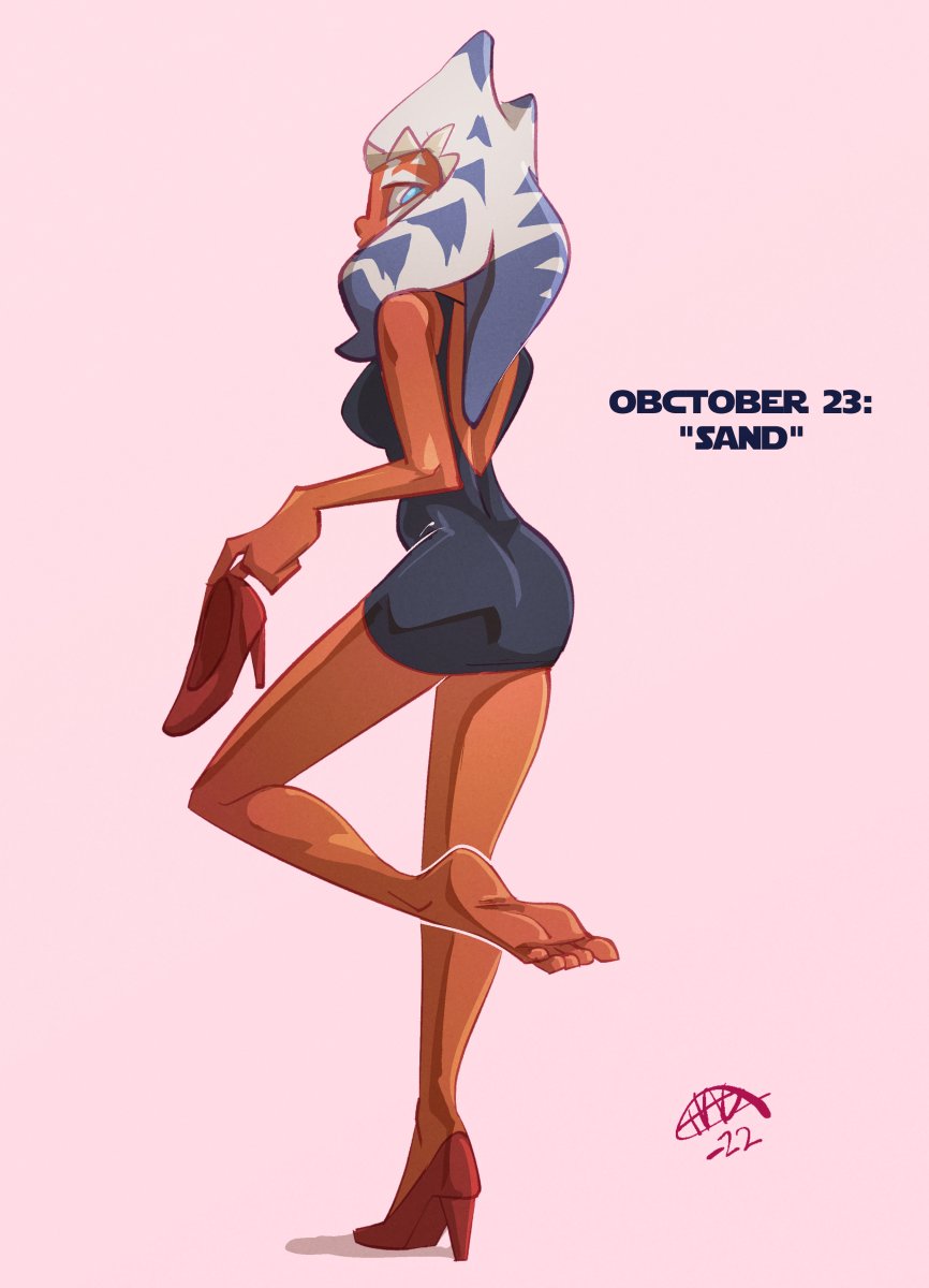 1girls, ahsoka tano, alien girl, barefoot, clone wars, dress, feet, female, female only, hagfish, high heels, shoes removed, solo, star wars, tagme, text, the clone wars: season four, tight dress, togruta