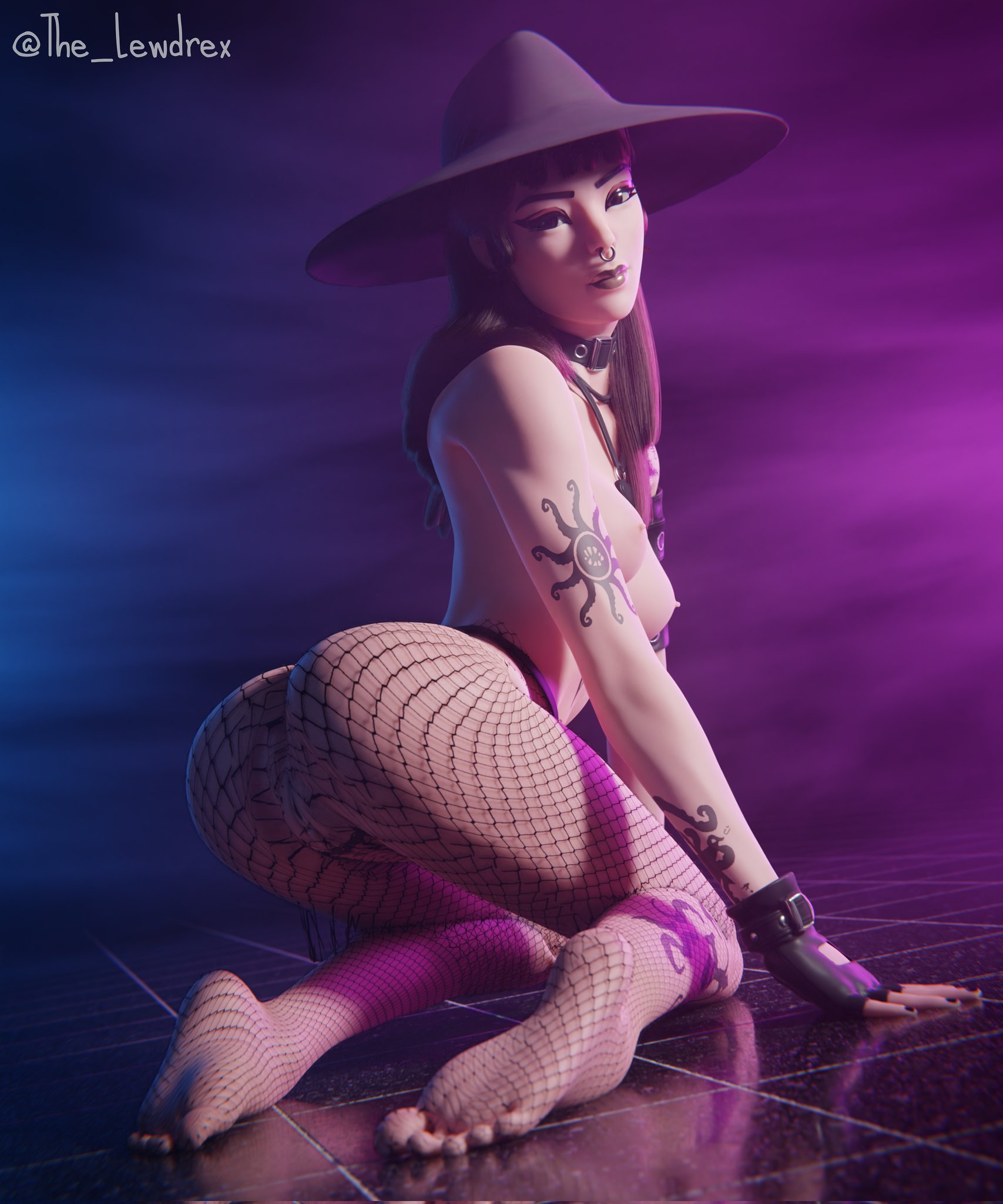 1girls, 3d, all fours, areolae, ass, black hair, blender, bottomless, breasts, clothed, clothing, collar, feet, female, female focus, female only, fishnet, fishnet legwear, fishnet stockings, fishnets, fortnite, goth, goth girl, half naked, half-dressed, lewdrex, light skin, light-skinned female, makeup, medium breasts, nipples, nose piercing, nude, nude female, on floor, phaedra (fortnite), pose, posing, presenting, pussy, simple background, solo, tattoo, tattoos, topless, vagina, watermark