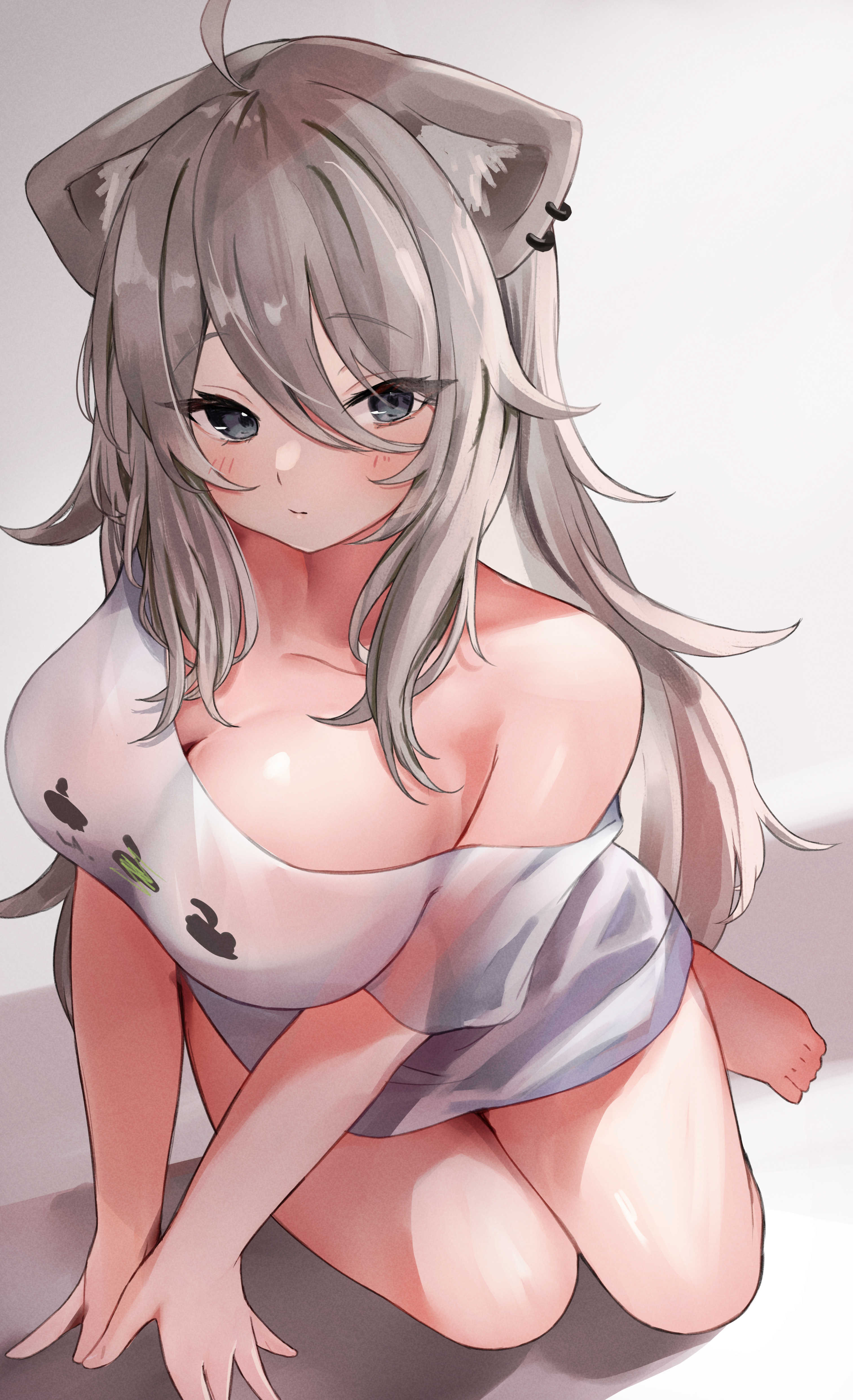 1girls, 2022, absurdres, ahoge, all fours, animal ear fluff, animal ears, bare shoulders, blush, breasts, cleavage, closed mouth, collarbone, female, grey eyes, grey hair, hair between eyes, hair ornament, higashigure, highres, hololive, hololive gen 5, hololive japan, large breasts, lion ears, lion girl, long hair, looking at viewer, off shoulder, shirt, shishiro botan, short sleeves, solo, thighs, virtual youtuber, white shirt