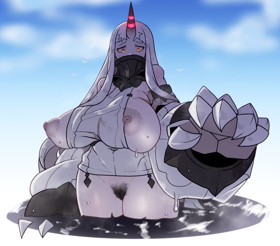 1 horn, abyssal ship, blue sky, breasts, breasts out, claws, colored skin, detached sleeves, dress, female, female pubic hair, gigantic breasts, hairy, hairy pussy, horns, kantai collection, long hair, nipples, no bra, no panties, pale skin, partially submerged, pubes, pubic hair, pussy, red eyes, ribbed dress, seaport hime, short dress, sky, very long hair, water, white hair, white skin, xgeob2a3uj5hnbv, yellow eyes