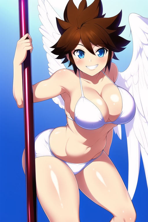 ai_generated angel angel_wings bikini bikini_bottom bikini_top blue_eyes brown_hair female genderswap_(mtf) hand_on_pole kid_icarus kid_icarus_uprising looking_at_viewer nai_diffusion nintendo pit pit_(kid_icarus) pole rule_63 shiny_skin smile stable_diffusion white_bikini