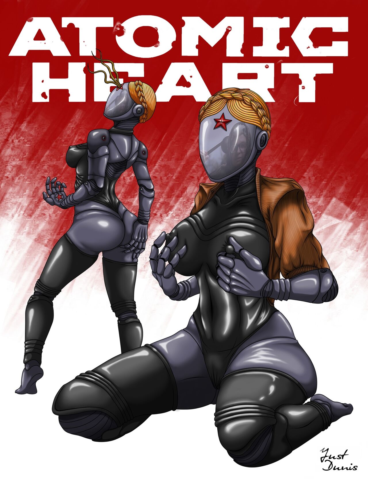 2girls, atomic heart, black body, blonde hair, female, female only, left (atomic heart), multiple females, multiple girls, right (atomic heart), robot, robot girl, robot humanoid, sisters, the twins (atomic heart), twins, uncensored, unknown artist