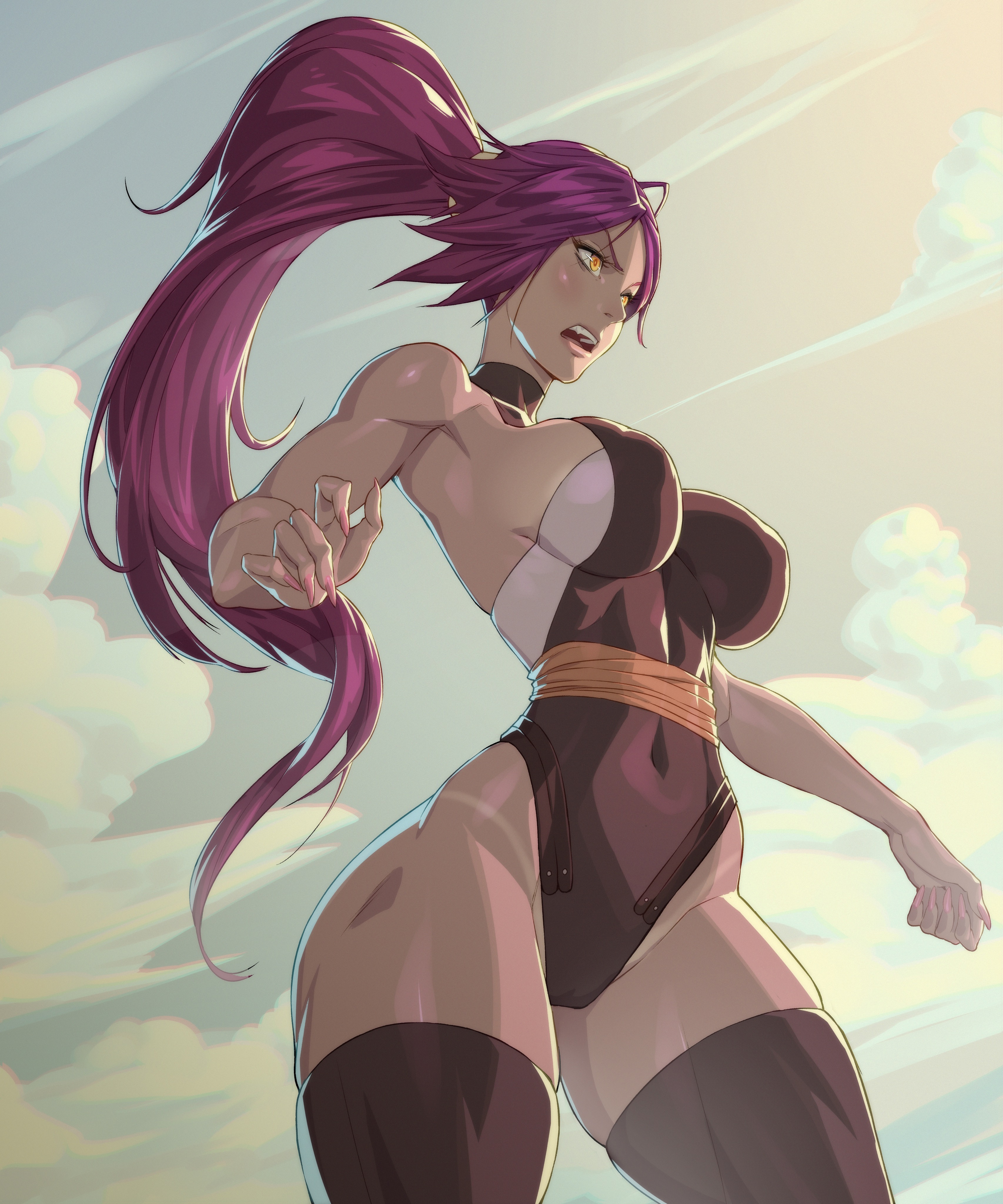1girls, arttoru, bleach, breasts, dark skin, dark-skinned female, female, female only, hourglass figure, huge breasts, leotard, long hair, purple hair, shihouin yoruichi, solo, tanlines, thick thighs, thighhighs, tight clothing