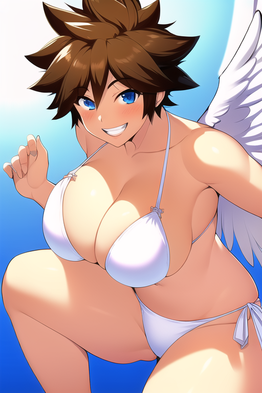 ai_generated angel angel_wings bikini bikini_bottom bikini_top blue_eyes brown_hair female genderswap_(mtf) kid_icarus kid_icarus_uprising light-skinned_female looking_at_viewer nai_diffusion nintendo pit pit_(kid_icarus) rule_63 smile stable_diffusion white_bikini