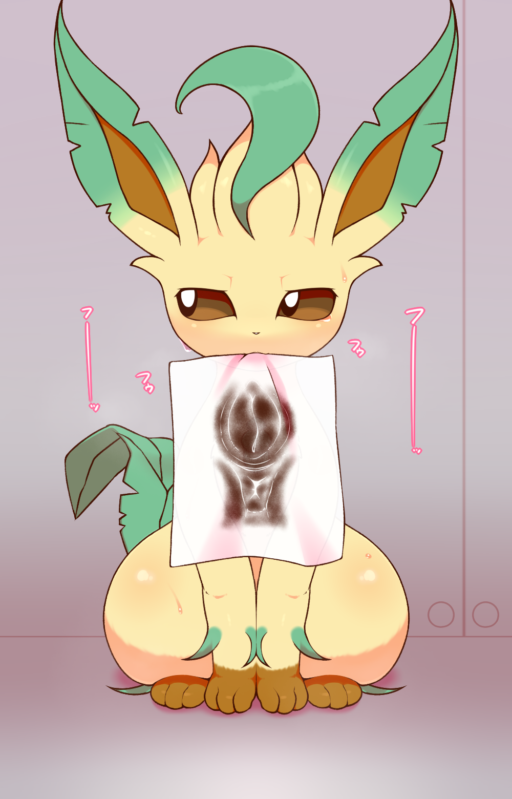 alacarte anus bodily_fluids eeveelution female feral generation_4_pokemon hi_res leafeon nintendo pokemon pokemon_(species) shy sitting solo sweat video_games