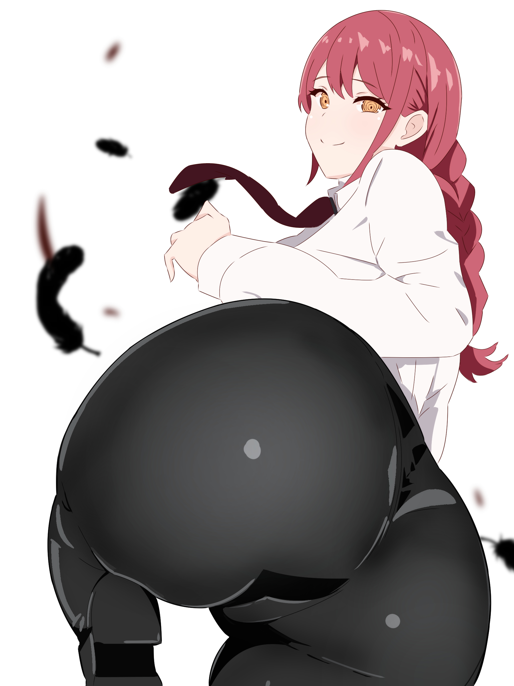 1girls, ass, ass focus, black pants, bottomwear, braid, chainsaw man, clothing, female, female only, hayashii (24184311), huge ass, large ass, makima (chainsaw man), pants, red hair, shirt, smile, solo, solo female, topwear, white shirt, yellow eyes