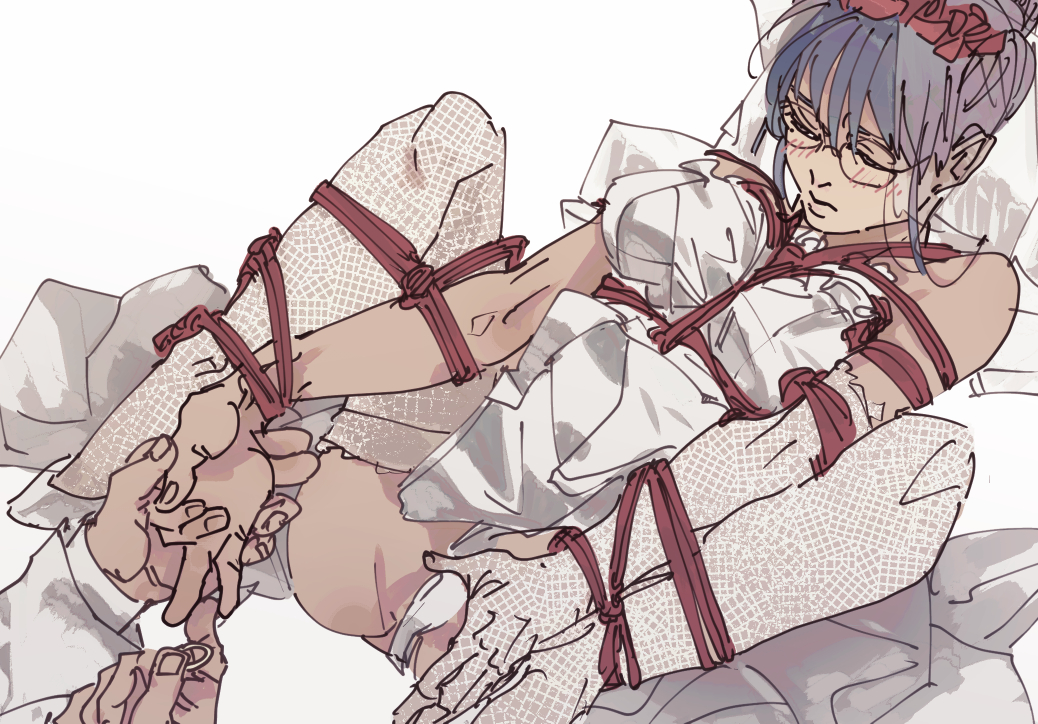 1boy 1girls blush bondage bondage bound bride faceless_male female female_focus gintama glasses groom hand_holding hattori_zenzou husband_and_wife mole_under_eye purple_hair rope rope_bondage sarutobi_ayame solo_focus spread_legs thighhighs wedding wedding_dress wedding_ring white_panties white_tea