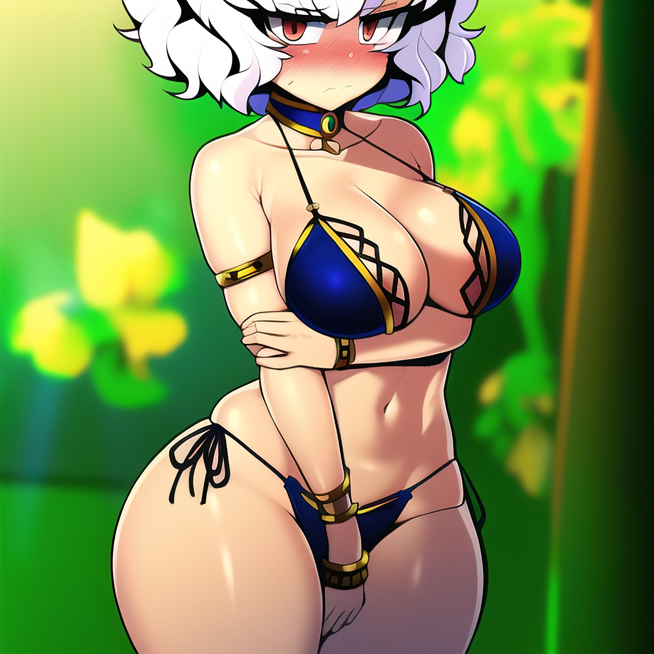 1girls, ai generated, bikini, blue bikini, blush, breasts, chimera ant, collar, covering crotch, curvy, dancer outfit, embarrassed, female, female only, gardener ai, harem girl, harem outfit, hourglass figure, humanoid, hunter x hunter, light skin, light-skinned female, midriff, nai diffusion, necklace, neferpitou, ornament, pale skin, pale-skinned female, revealing clothes, short hair, shounen jump, side-tie bikini, silver hair, skimpy, slave, slave bikini, stable diffusion, string bikini, thick thighs, thighs, villainess, white hair, wide hips