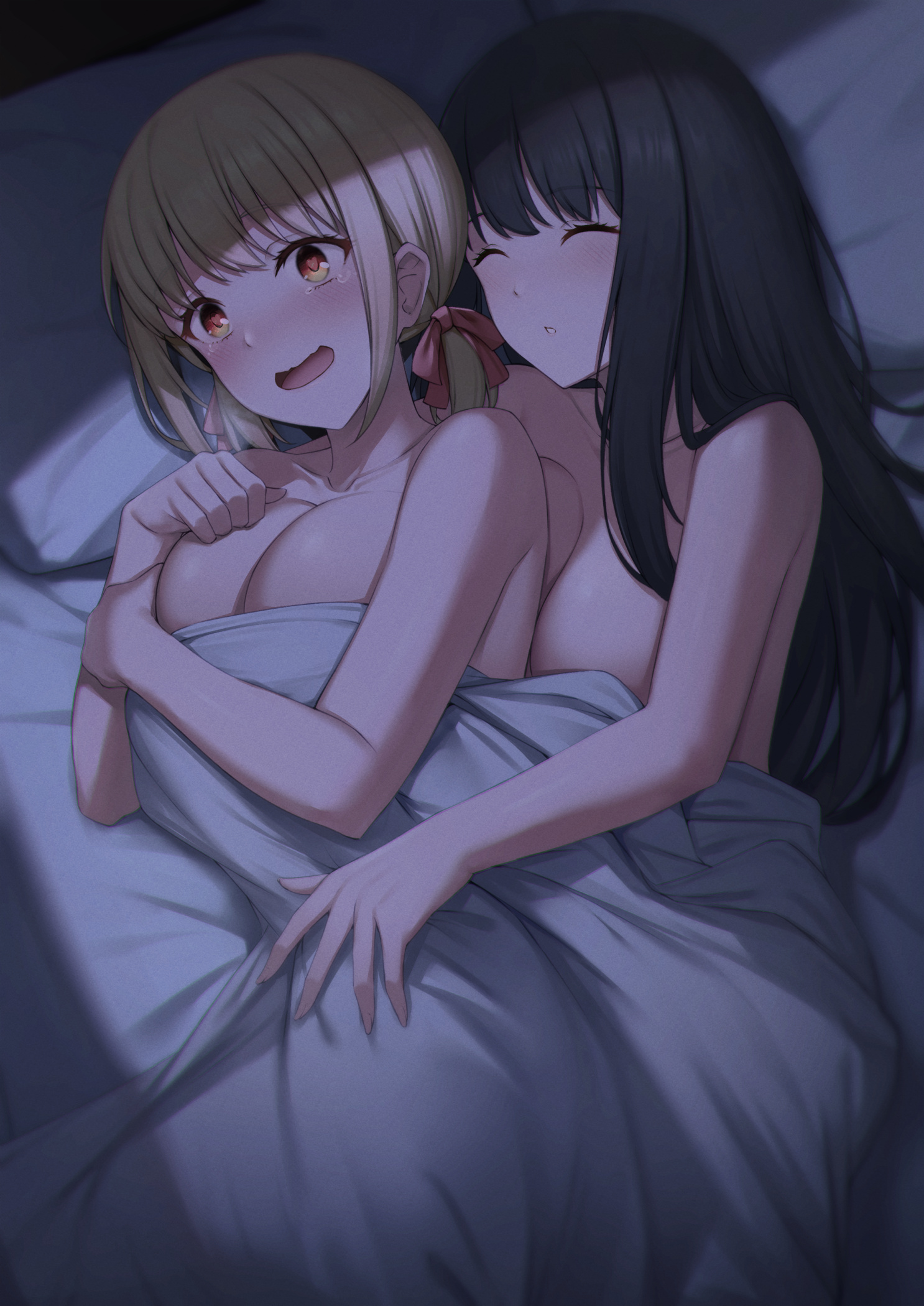 2girls, bed, black hair, blonde hair, breasts, busty, closed eyes, cuddling, female, heart-shaped pupils, inoue takina, kannko bokujou, large breasts, lesbian focus, light skin, light-skinned female, lycoris recoil, naked, naked female, night, nishikigi chisato, nude, nude female, on bed, open mouth, paintcan, pillow, symbol-shaped pupils, under covers, wholesome, yuri