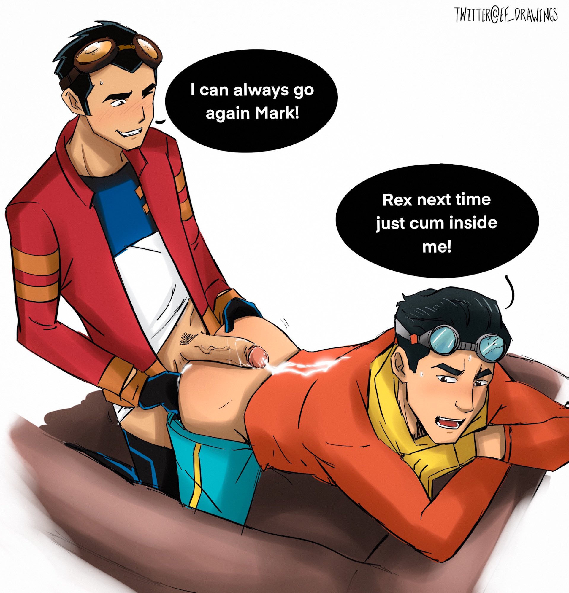 2boys, ass, black hair, crossed arms, crossover, cum, cum covered, cum on back, cumming, dialog, dialogue, ef drawings, erect penis, erection, foreskin, gay, gay sex, generator rex, gloves, goggles, goggles on forehead, goggles on head, hard on, hot dogging, invincible, looking back, male, male only, mark grayson, muscles, muscular, muscular male, one eye closed, pants down, penis, rex salazar, teenage male, uncircumcised, uncut, unknown artist, veiny penis