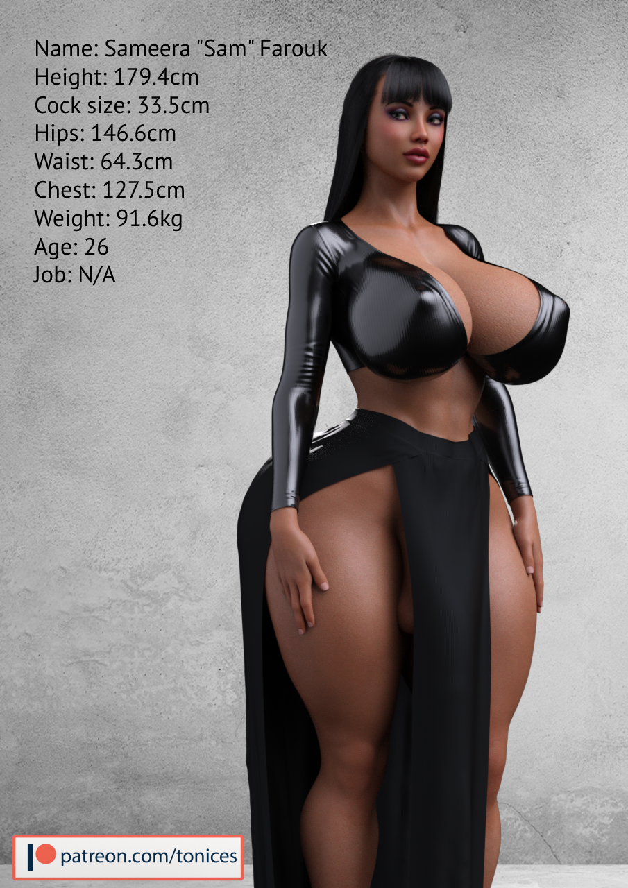 1futa, 3d, ass, athletic, big ass, big breasts, big penis, big thighs, bimbo, bimbo futa, breasts, brown body, brown skin, busty, character age, character bio, character height, character profile, character sheet, character weight, circumcised, cleavage, curvaceous, curvy, dark skin, dark-skinned futa, dickgirl, female, fit, futa only, futanari, glossy, hips, hourglass figure, huge ass, huge breasts, huge cock, human, intersex, large ass, large breasts, legs, lips, original, original character, penis, reference sheet, sameera farouk, thick, thick legs, thick thighs, thighs, tonices, top heavy, upper body, voluptuous, wide hips