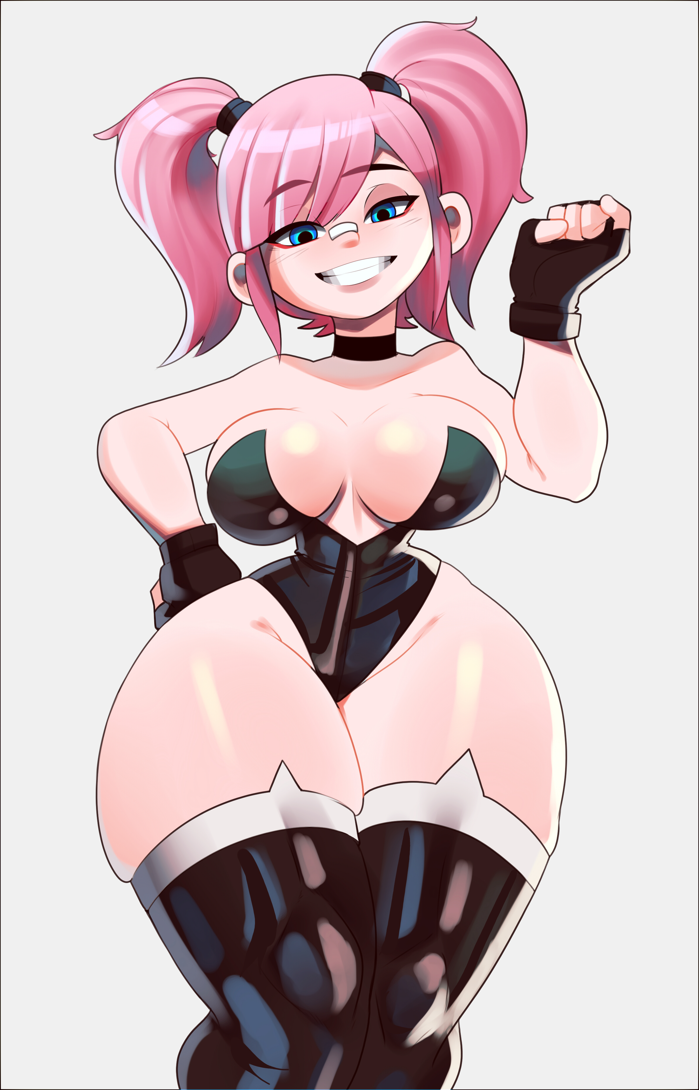 2d, armwear, big breasts, breasts, character request, choker, dress, female, female only, human, humanoid, light skin, light-skinned female, looking at viewer, pale skin, pale-skinned female, pink hair, postblue98, simple background, solo, thick thighs, thighhighs, twintails, voluptuous, wide hips