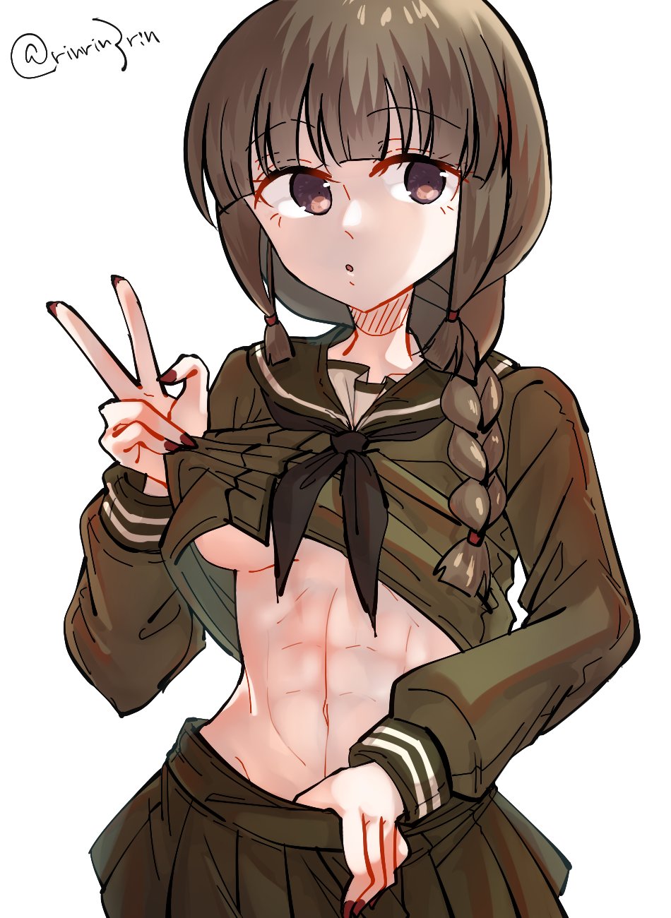 abs bangs black_hair black_neckerchief blunt_bangs braid breasts brown_eyes clothes_lift cowboy_shot dress female green_sailor_collar green_serafuku green_shirt green_skirt hair_ribbon highres kantai_collection kitakami_(kantai_collection) long_hair looking_at_viewer matsunaga_(haku) nail_polish neckerchief pleated_dress red_nails ribbon sailor_collar school_uniform serafuku shirt shirt_lift sidelocks simple_background skirt solo tress_ribbon underboob white_background