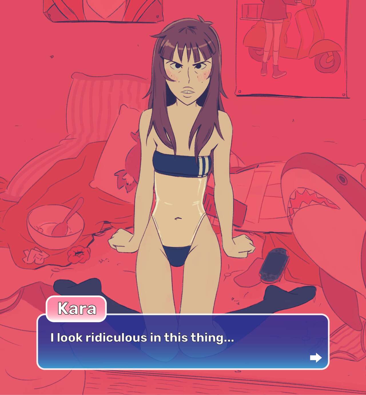 bangs bikini blush buckteeth english_text eye_bags female freckles gris_swimsuit kara_eklund_(hitsujigoods) long_socks looking_at_viewer messy_hair messy_room navel neet_girl psp small_breasts solo text_box