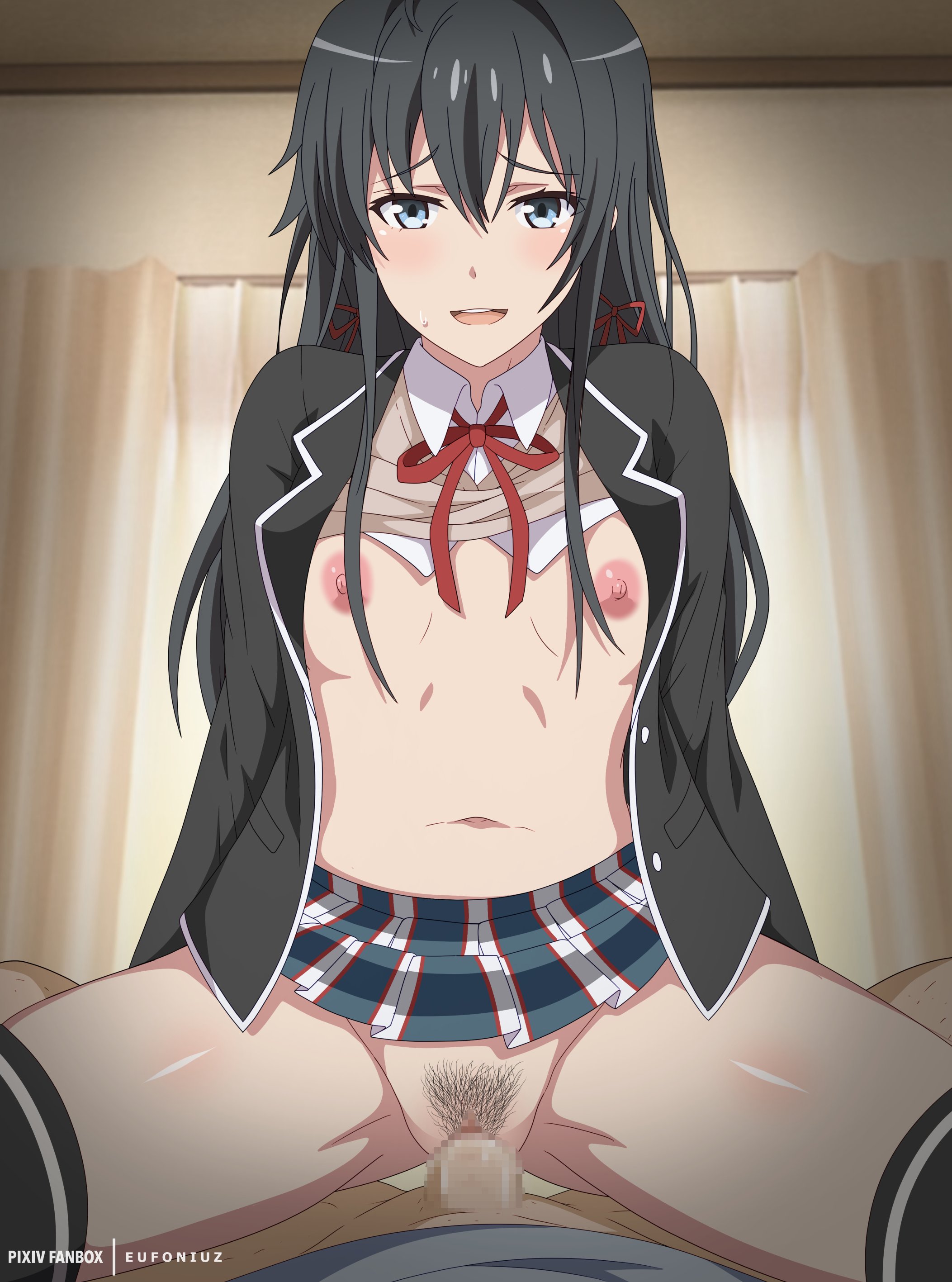 1boy, 1girls, black hair, blue eyes, blush, breasts, censored, cowgirl position, eufoniuz, female, hair ribbon, long hair, looking at viewer, male, male penetrating, male penetrating female, male pov, medium breasts, mosaic censoring, my teen romantic comedy snafu, nipples, ntr, open mouth, penis, pov, pussy, ribbon, ribbons, school uniform, sex, skirt, straight, sweat, sweatdrop, thighhighs, vaginal penetration, vaginal sex, yukinoshita yukino