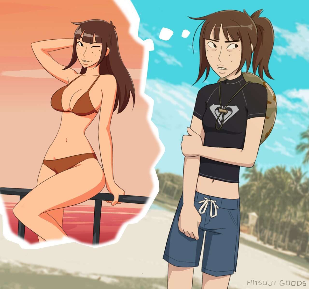 bangs beach bikini buckteeth daydream eye_bags female freckles hand_behind_head hitsujigoods kara_eklund_(hitsujigoods) messy_hair navel neet_girl ponytail shorts sitting small_breasts solo standing thought_bubble