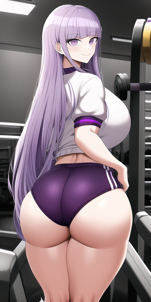 1girls, ai generated, ass, breasts, bubble ass, bubble butt, buruma, danganronpa, danganronpa: trigger happy havoc, female, female only, gym, gym uniform, huge ass, huge breasts, kirigiri kyouko, looking at viewer, looking back, midriff, n.c.b ai, nai diffusion, purple eyes, purple hair, smile, solo, stable diffusion