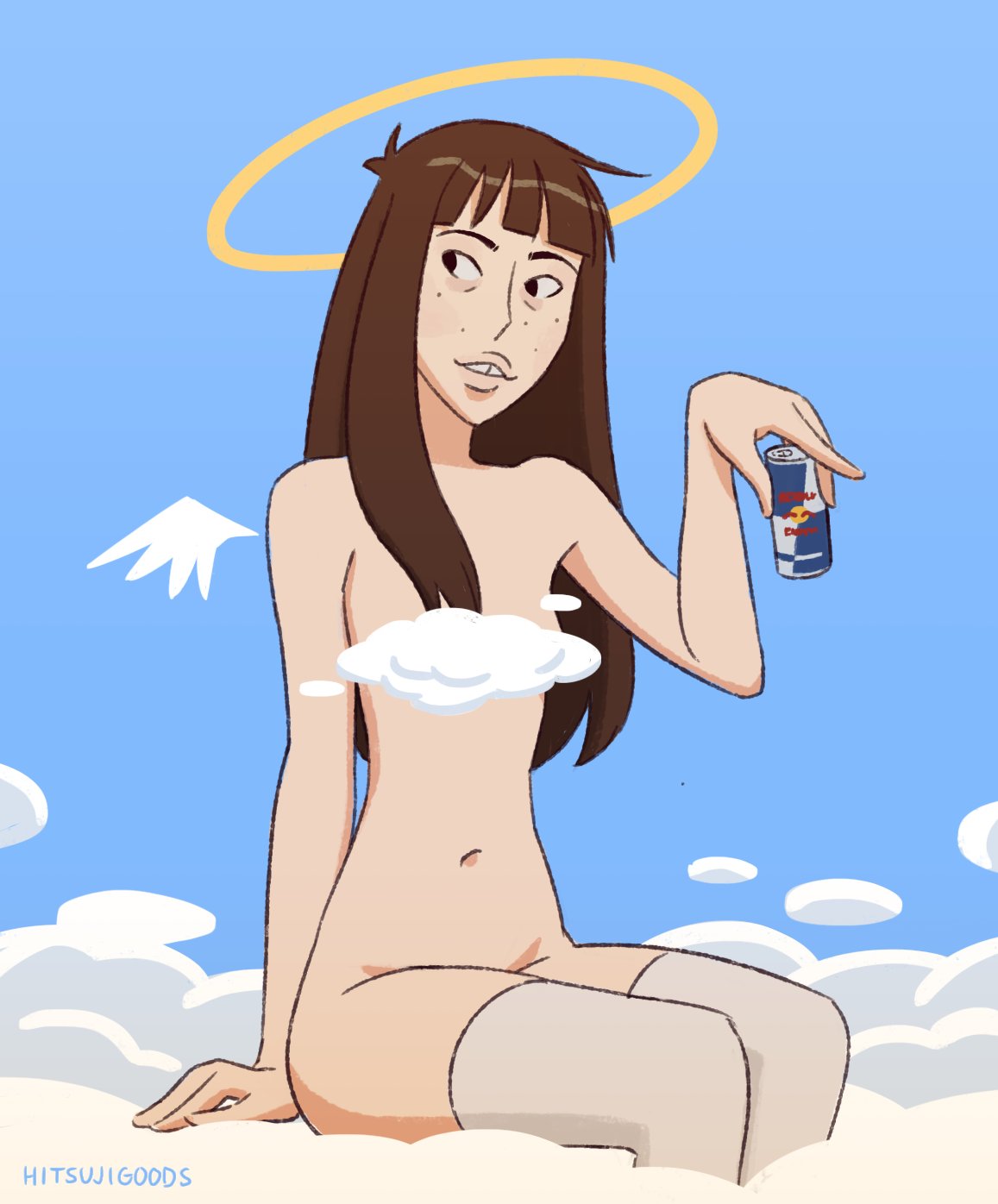 1girls angel angel_wings bangs buckteeth clouds convenient_censoring eye_bags female halo heaven hitsujigoods holding_soda kara_eklund_(hitsujigoods) neet_girl nude nude_solo red_bull sitting small_breasts sole_female solo stockings