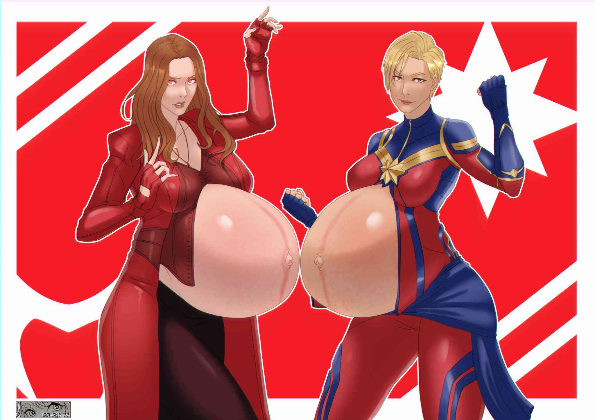 2girls big_breasts blonde_hair breasts captain_marvel carol_danvers clone66 female female_only linea_nigra marvel marvel_cinematic_universe multiple_girls multiple_pregnancies outie_navel pregnant red_hair scarlet_witch torpedo_belly wanda_maximoff