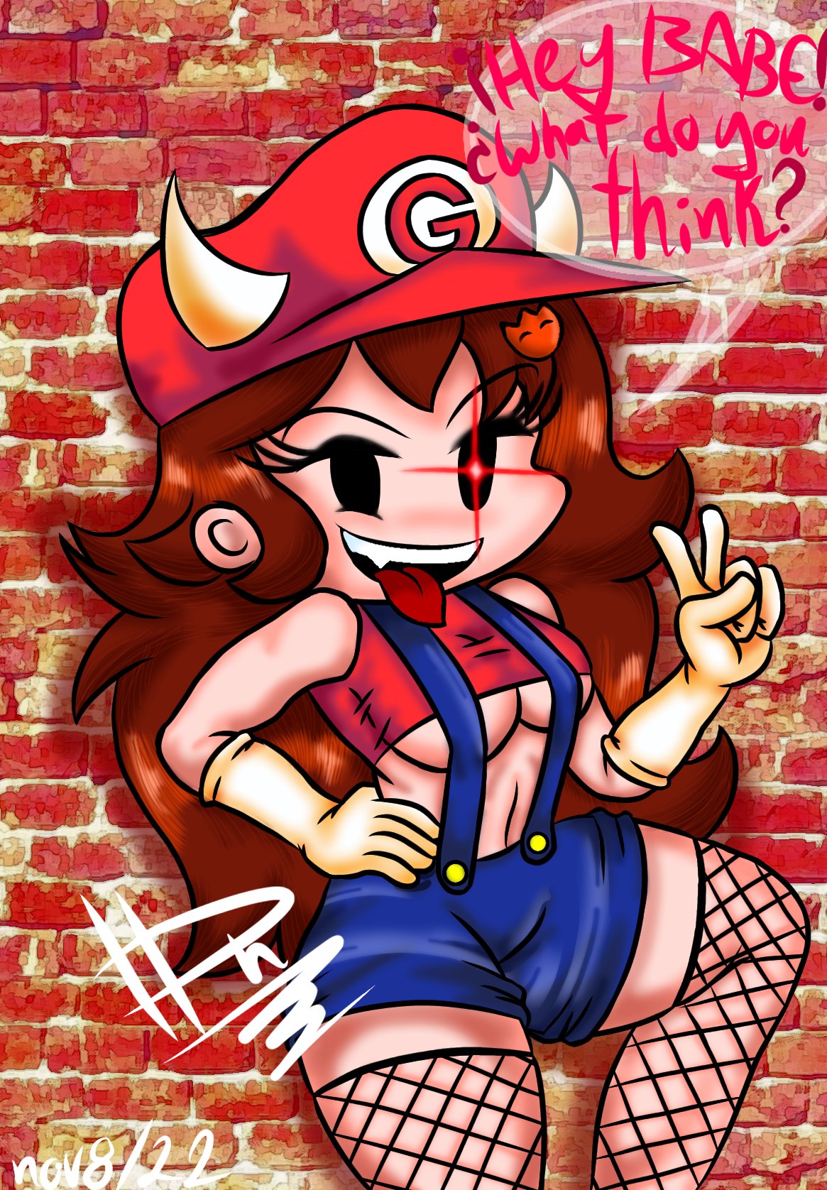 breasts demon_girl dn28_art fangs female fire_flower friday_night_funkin girlfriend_(friday_night_funkin) glowing_eyes hair_ornament horns i.h.y._girlfriend icon long_hair looking_at_viewer mario_(cosplay) mario_(series) mario_girlfriend_(fnf) mario_hat marios_madness mittens signature stockings tank_top text thick_thighs tongue_out underboob