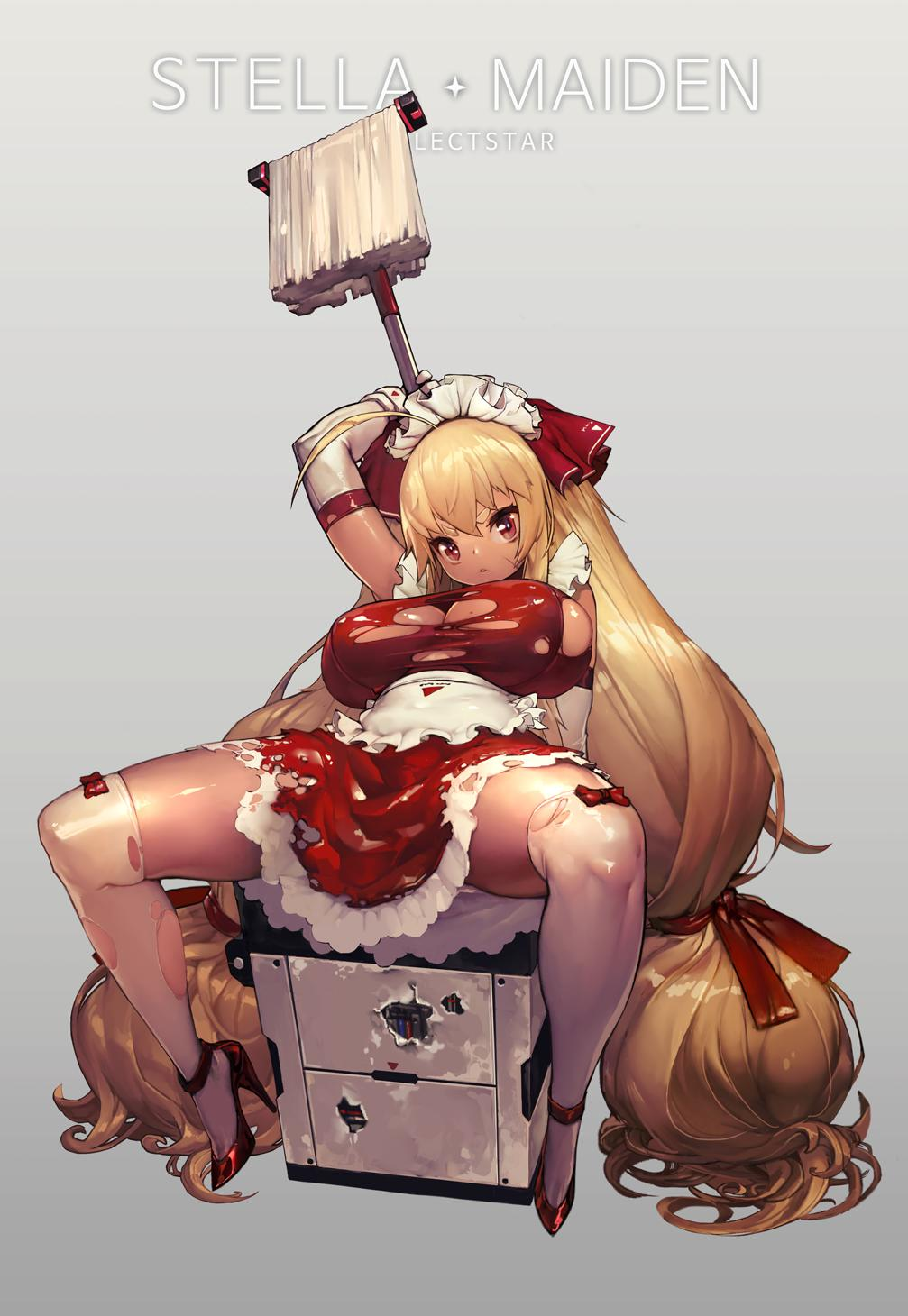 big_breasts blonde_hair dark_skin duto high_heels lace maid red_dress red_high_heels thigh_highs torn_clothes very_long_hair white_thighhighs