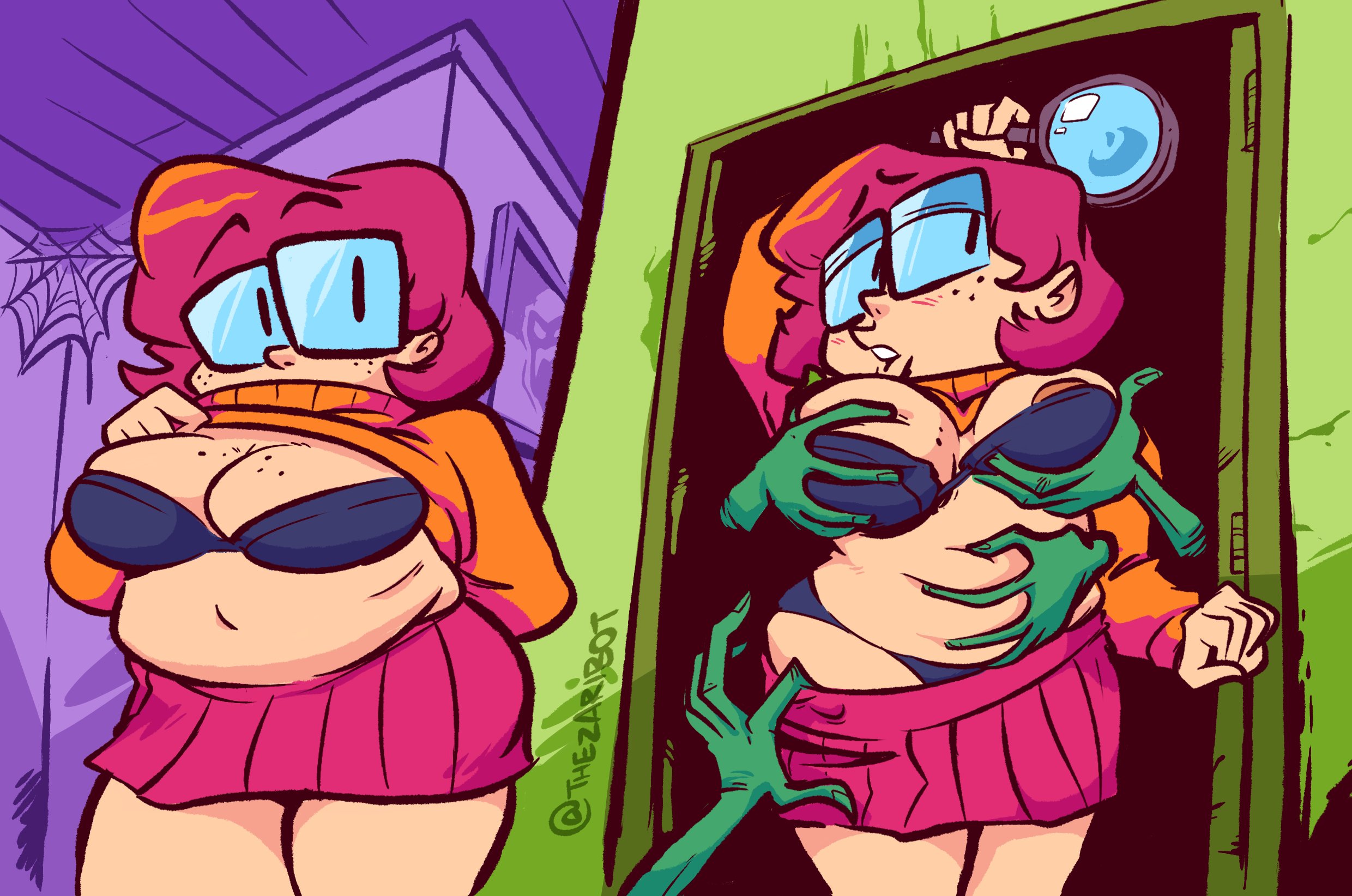 black bra, black panties, bra, breasts, chubby, chubby female, cleavage, fat, female, freckles, freckles on chest, freckles on face, glasses, hands, hanna-barbera, magnifying glass, matching underwear, open door, panties, red skirt, scooby-doo, skirt, spider web, twitter username, velma dinkley, zaribot